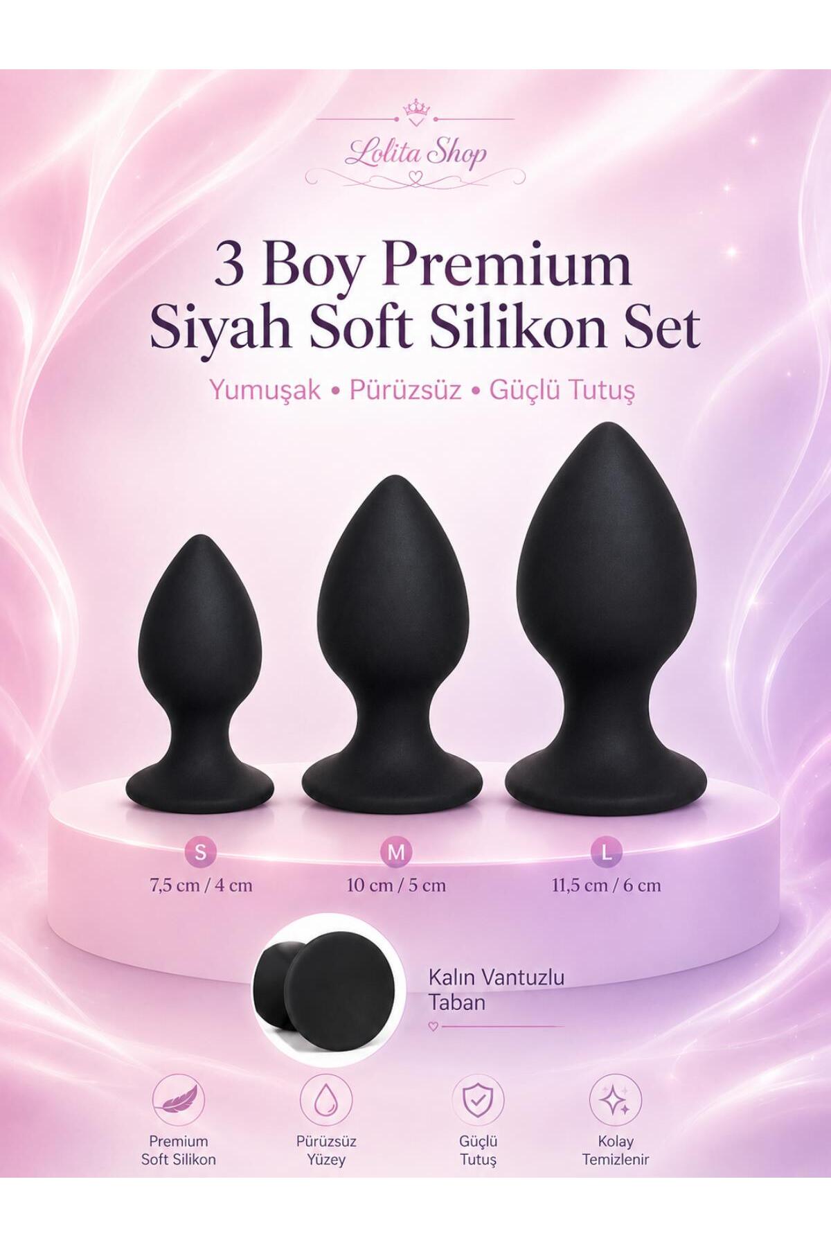 3 Boy Siyah Silikon Dokulu Vantuzlu Anüs Plug Alıştırıcı Genişletici Tıkaç Seti
