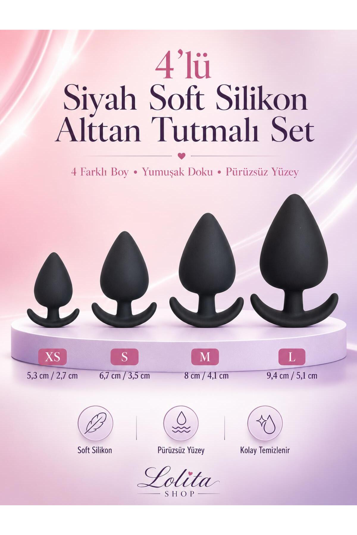 4’lü Siyah Soft Silikon Dokulu Alttan Tutmalı Anüs Alıştırıcı Plug ve Tıkaç Seti
