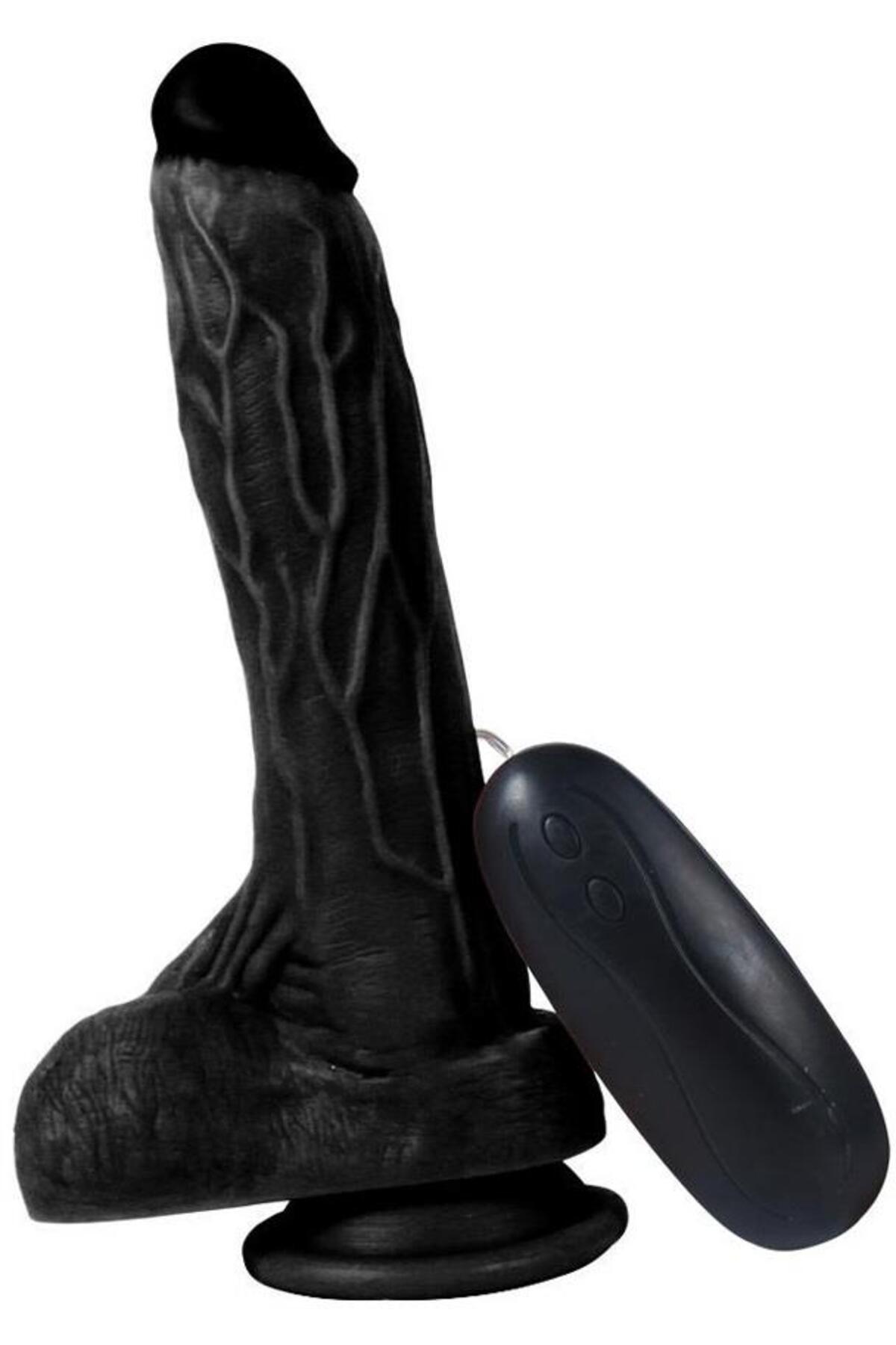 10 Farklı Titreşimli Gerçekçi Hissiyat 20.5 Cm Penis Vantuzlu Realistik Siyah Vibratör Dildo