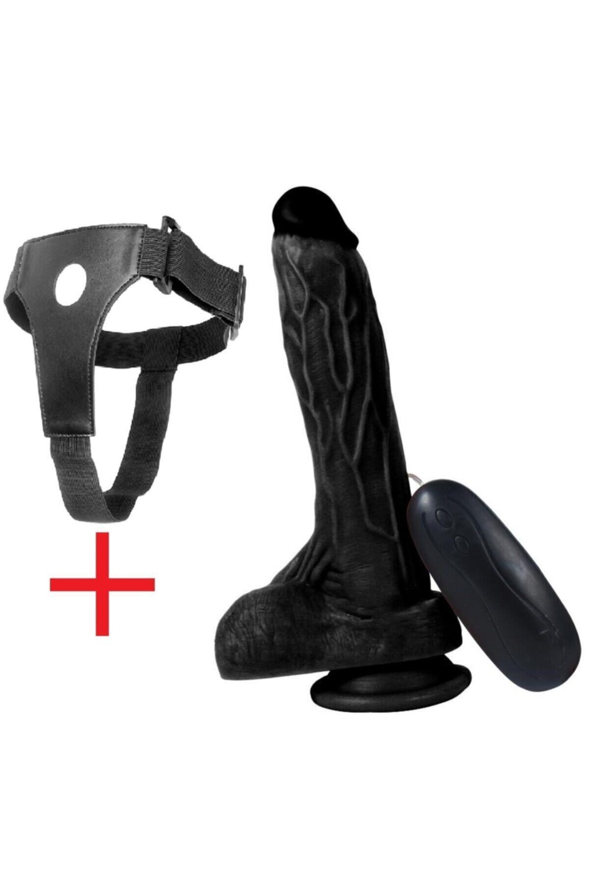 Kemerli 10 Mod Titreşim Gerçekçi Doku 20 Cm Zenci Dildo Vantuzlu Realistik Belden Bağlamalı Vibratör