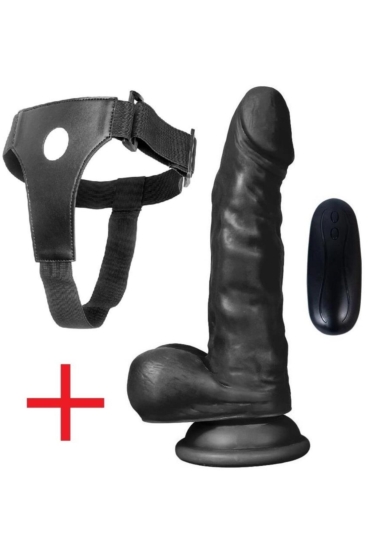 Gerçekçi Belden Bağlamalı Kemerli 17.5 Cm 10 Mod Titreşim Siyah Dildo Realistik Takma Vibratör
