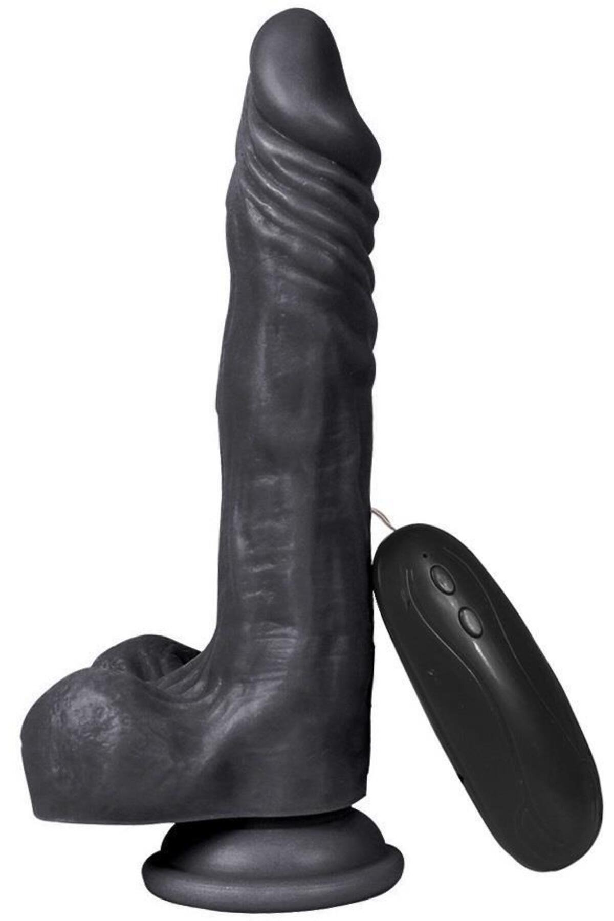 Gerçekçi Yumuşak Doku 21 Cm Vantuzlu 10 Farklı Titreşimli Realistik Vibratör Siyah Penis Dildo