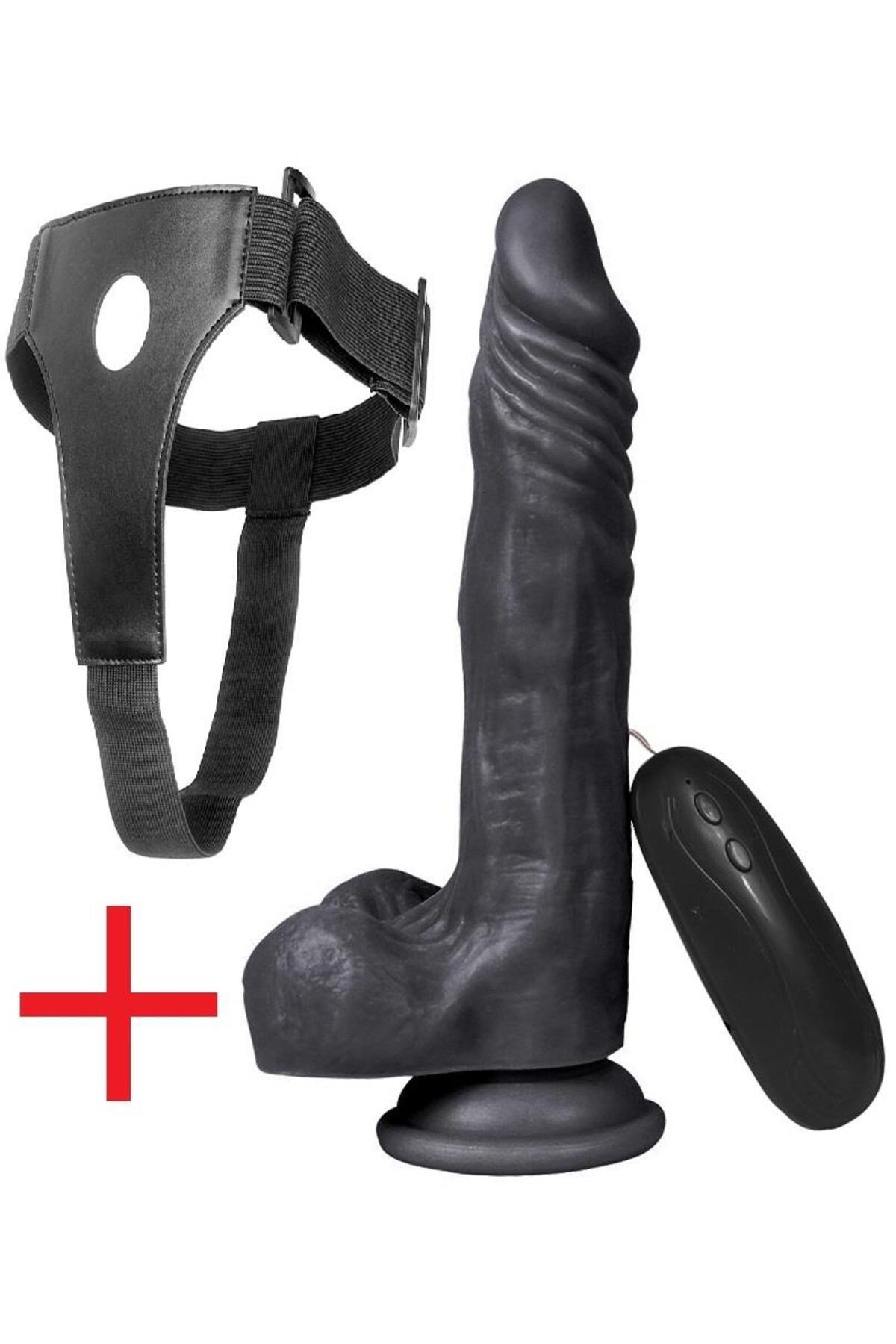 Kemerli Zenci 21.5 Cm 10 Mod Titreşim Dildo Belden Bağlamalı Penis Vantuzlu Realistik Siyah Vibratör