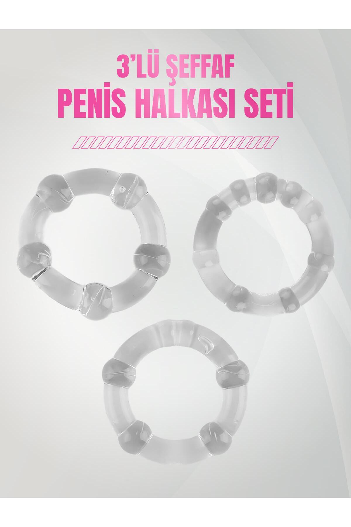 Silikon Jel Esnek Dokuda 3 Farklı Boyutta Uyarıcı Boğumlu 3'lü Şeffaf Penis Halkası Seti