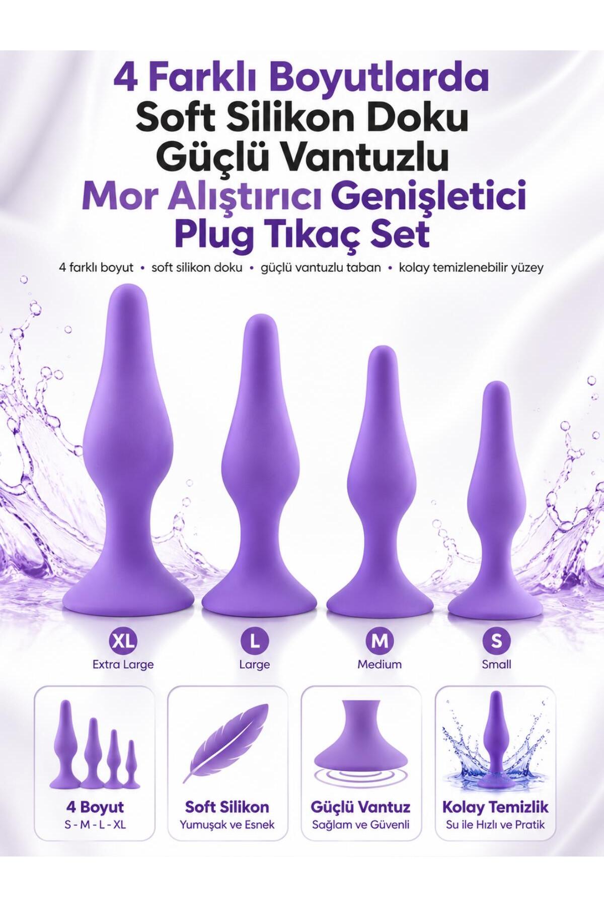 4 Parça Mor Soft Silikon Güçlü Vantuzlu Kademeli Plug Tıkaç Seti
