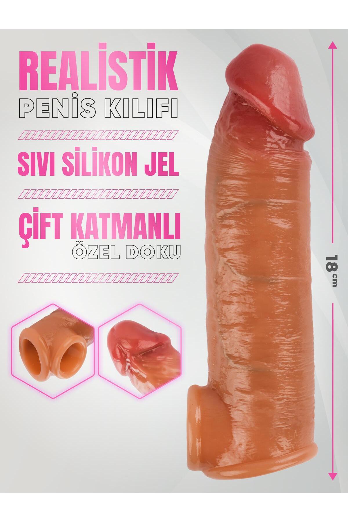 Çift Katmanlı Kalınlaştırıcı Sıvı Silikon 18 Cm Testise Geçirmeli Genişletici Realistik Penis Kılıfı