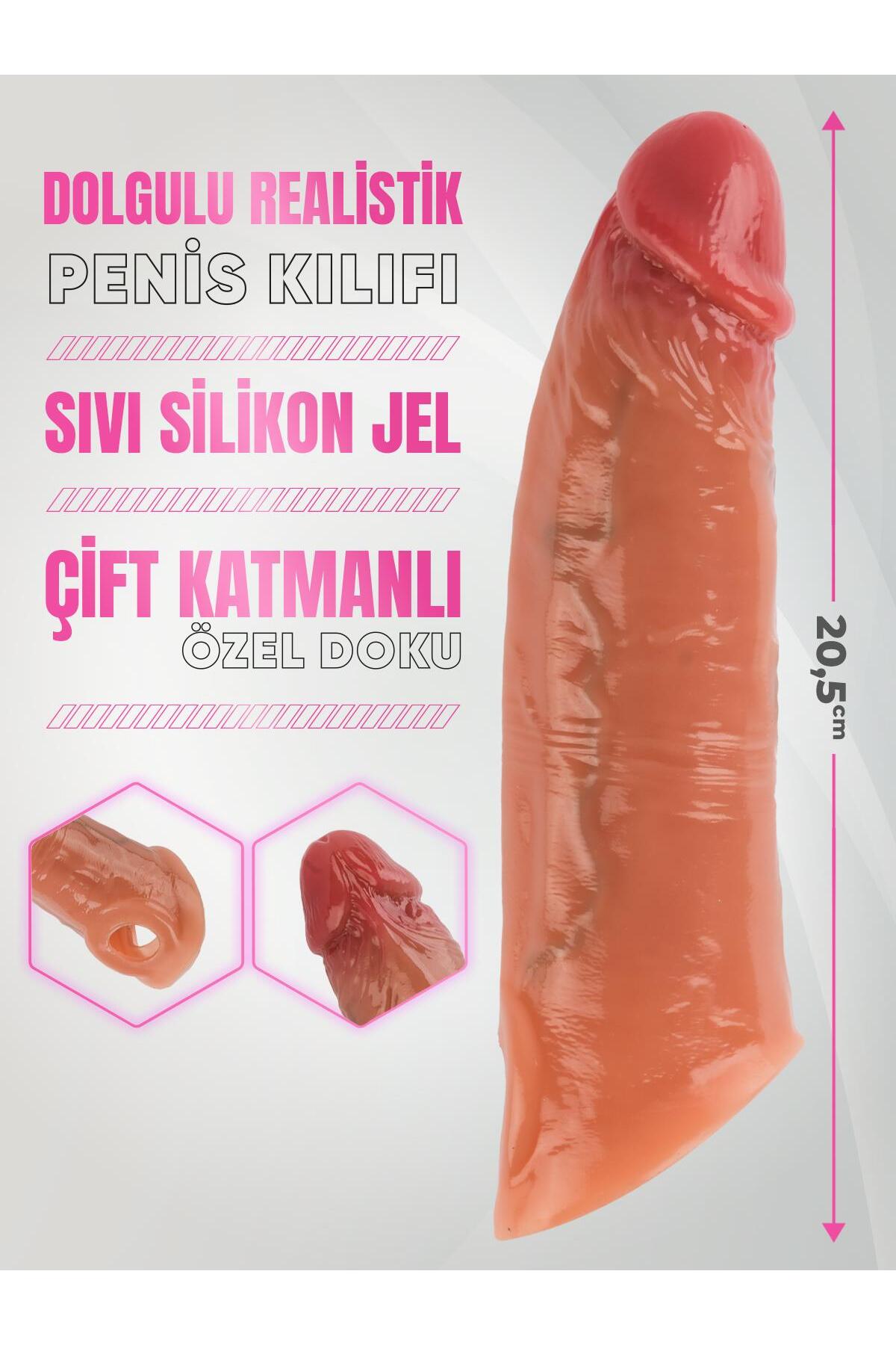 Çift Katmanlı Sıvı Silikon Dokulu 4 cm Uzatmalı 20 cm Testis Geçirmeli Kılıf