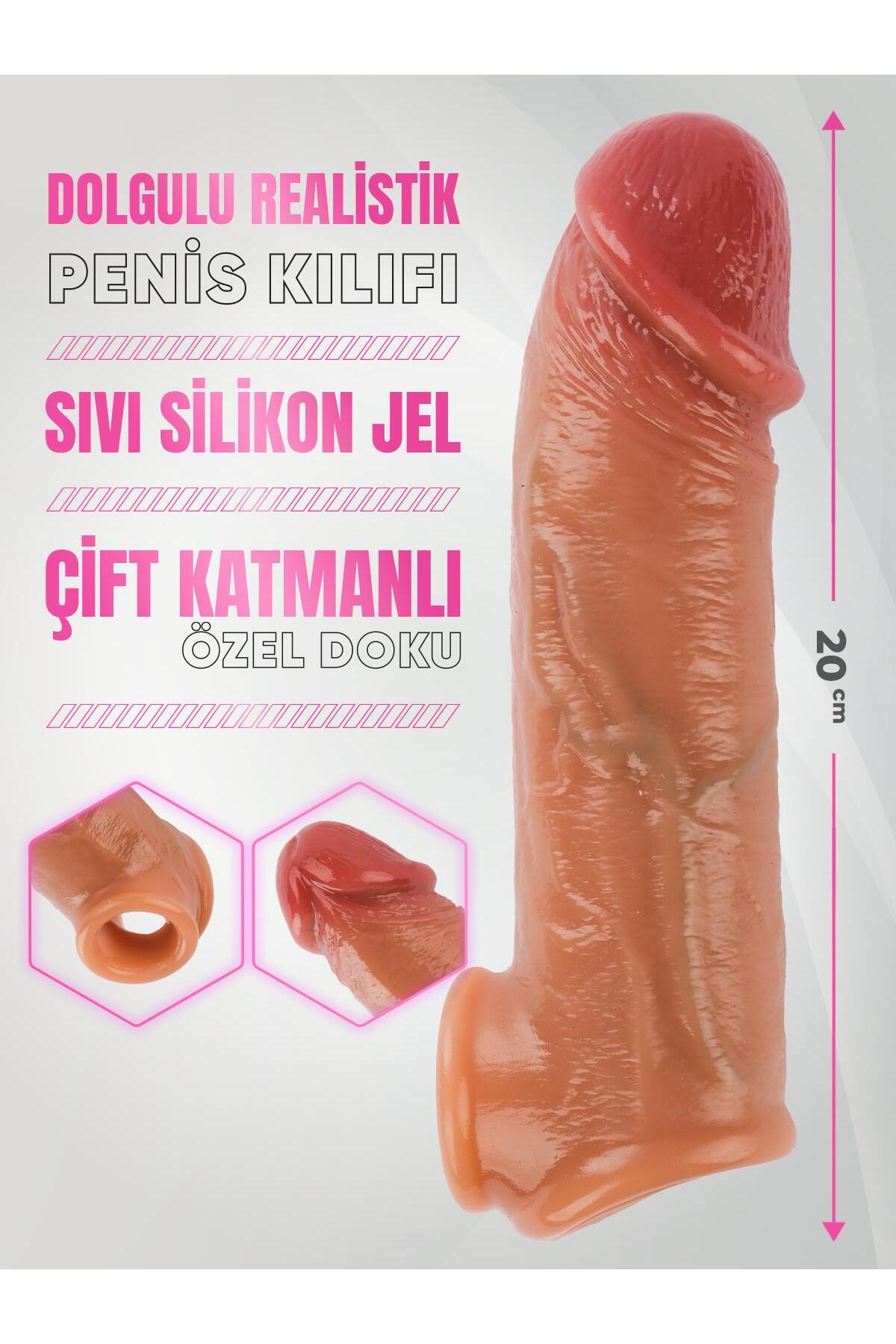 Çift Katmanlı 19.5 Cm Testise Geçirmeli Dolgulu 4 Cm Uzatmalı Sıvı Silikon Realistik Penis Kılıfı