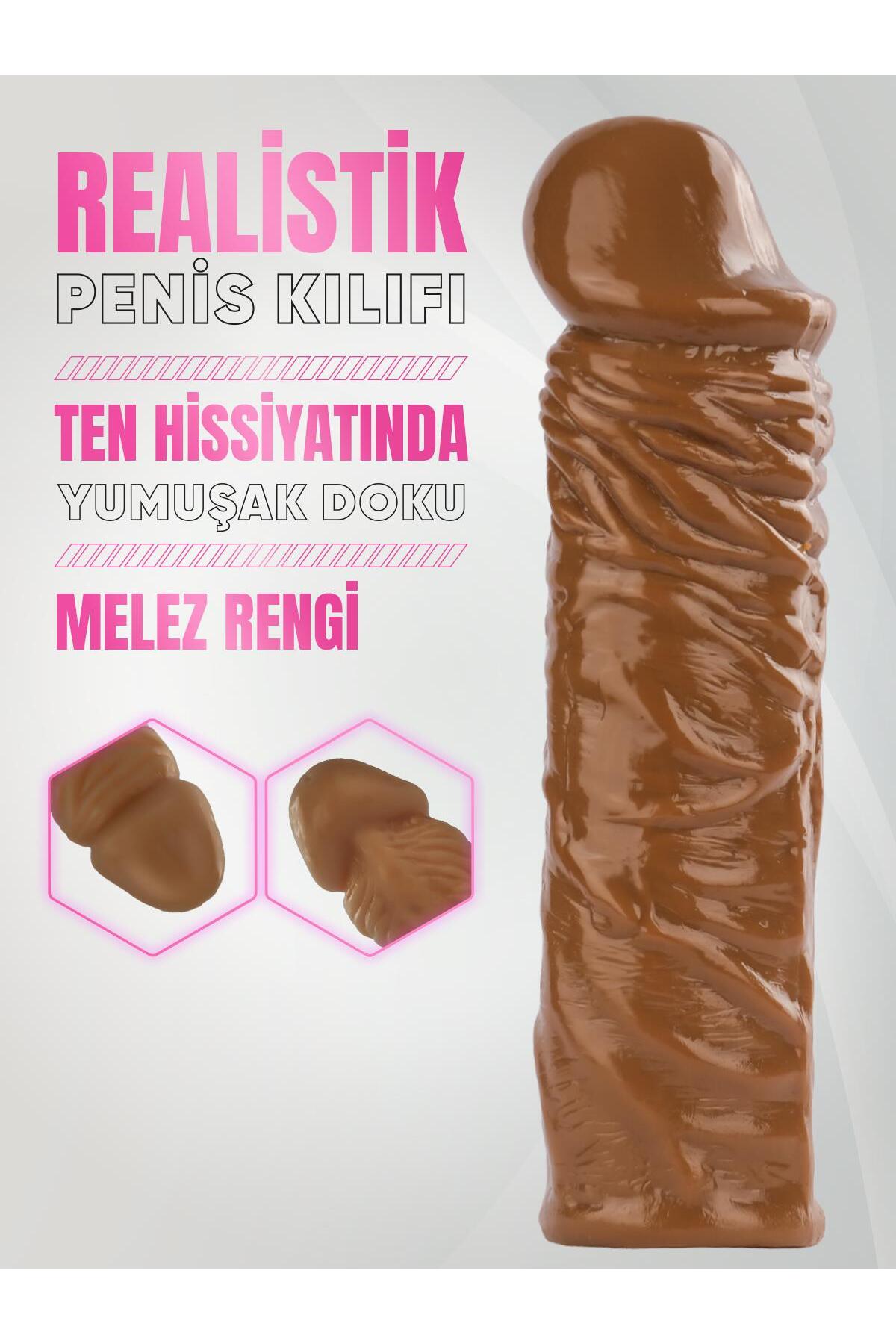 Uzatmalı Gerçekçi Et Dokusu 19.5 Cm Uzunluğunda 4 Cm Dolgulu Büyük Boy Melez Realistik Penis Kılıfı