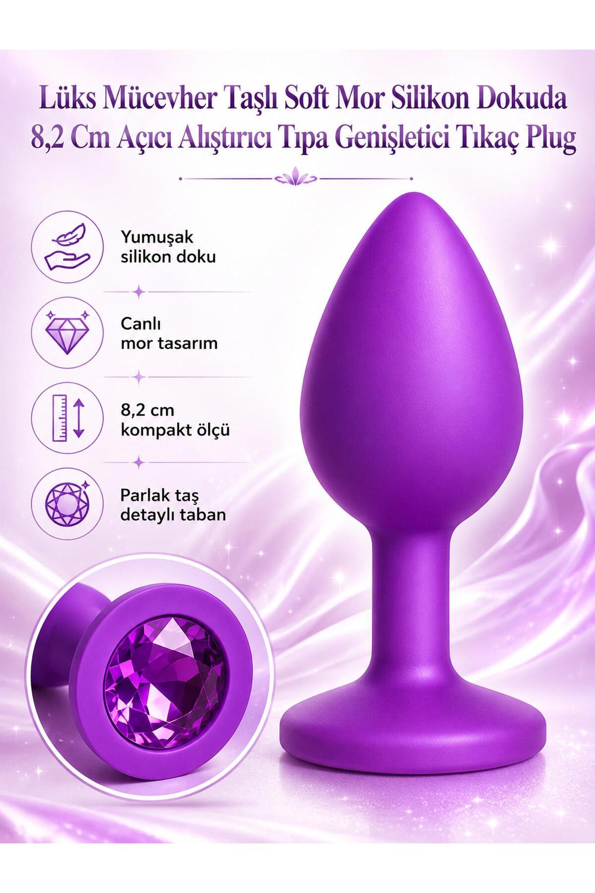 Lüks Mücevher Taşlı Soft Mor Silikon Dokuda 8,2 Cm Anal Açıcı Alıştırıcı Tıpa Genişletici Tıkaç Plug