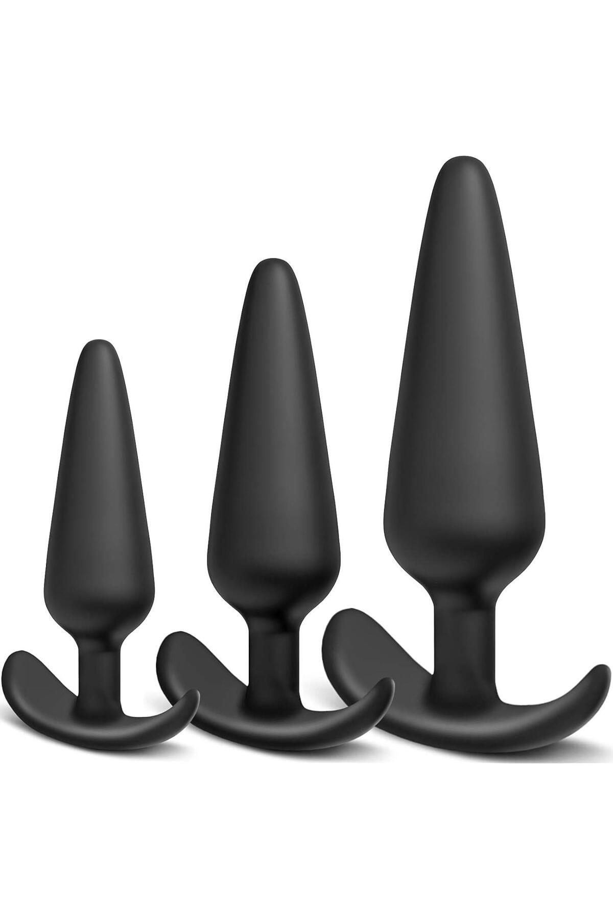 Soft Siyah Silikon Doku 3 Farklı Boyutta Anal Açıcı Alıştırıcı Genişletici Tıpa 3'lü Plug Tıkaç Seti