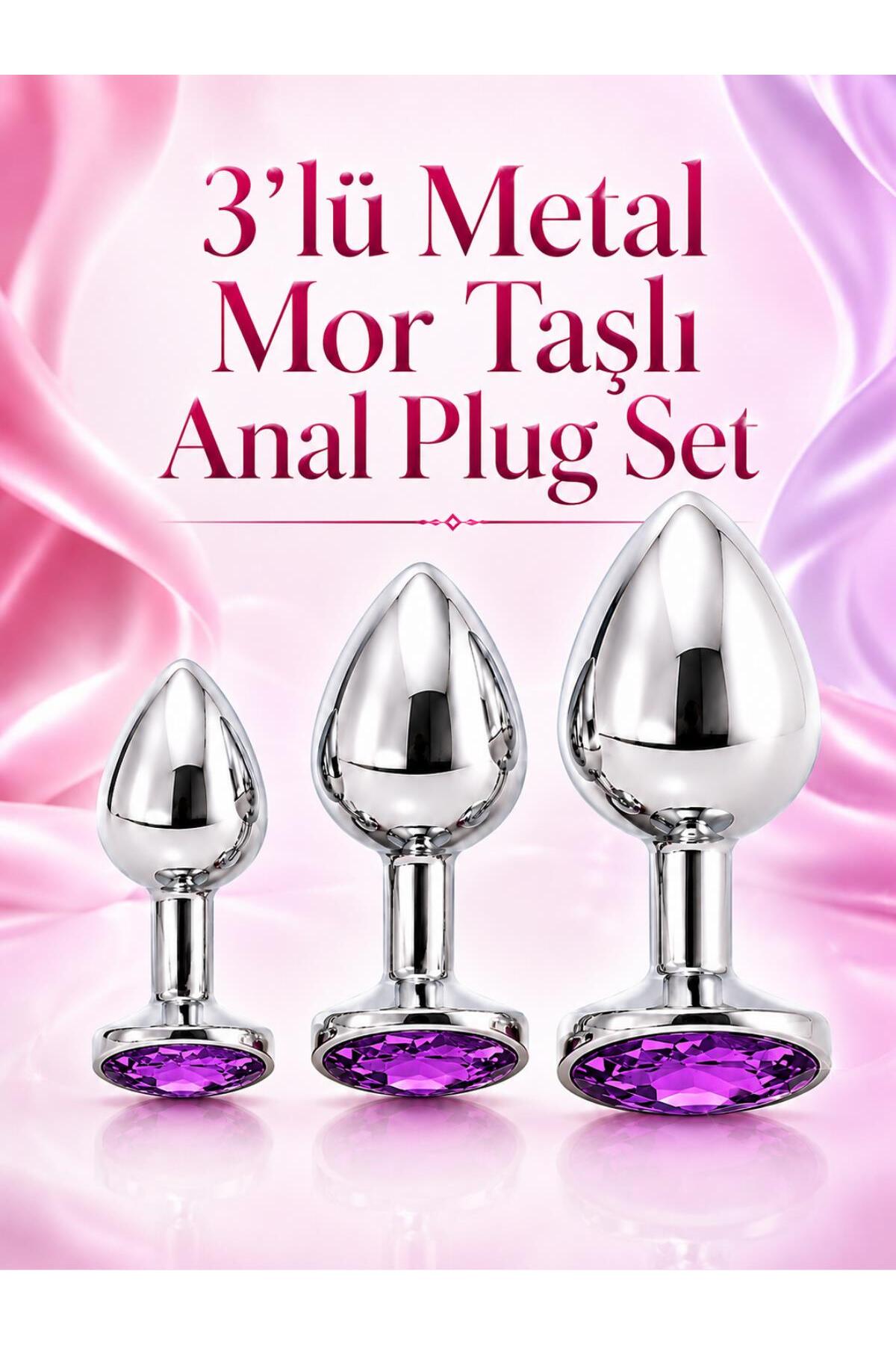 Gümüş Metal Paslanmaz Mücevher Mor Taşlı 3 Farklı Boyutta Alıştırıcı Genişletici Anal Plug Tıkaç Set