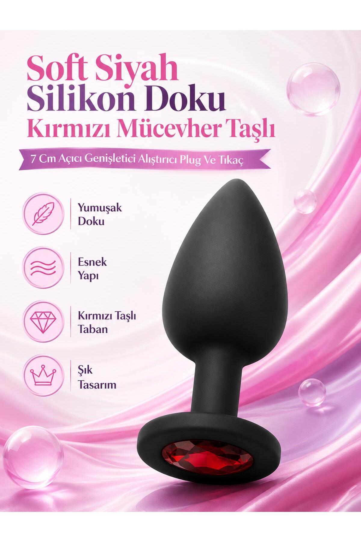Soft Siyah Silikon Dokuda Kırmızı Mücevher Taşlı 7 Cm. Anal Açıcı Genişletici Alıştırıcı Plug Ve Tıkaç