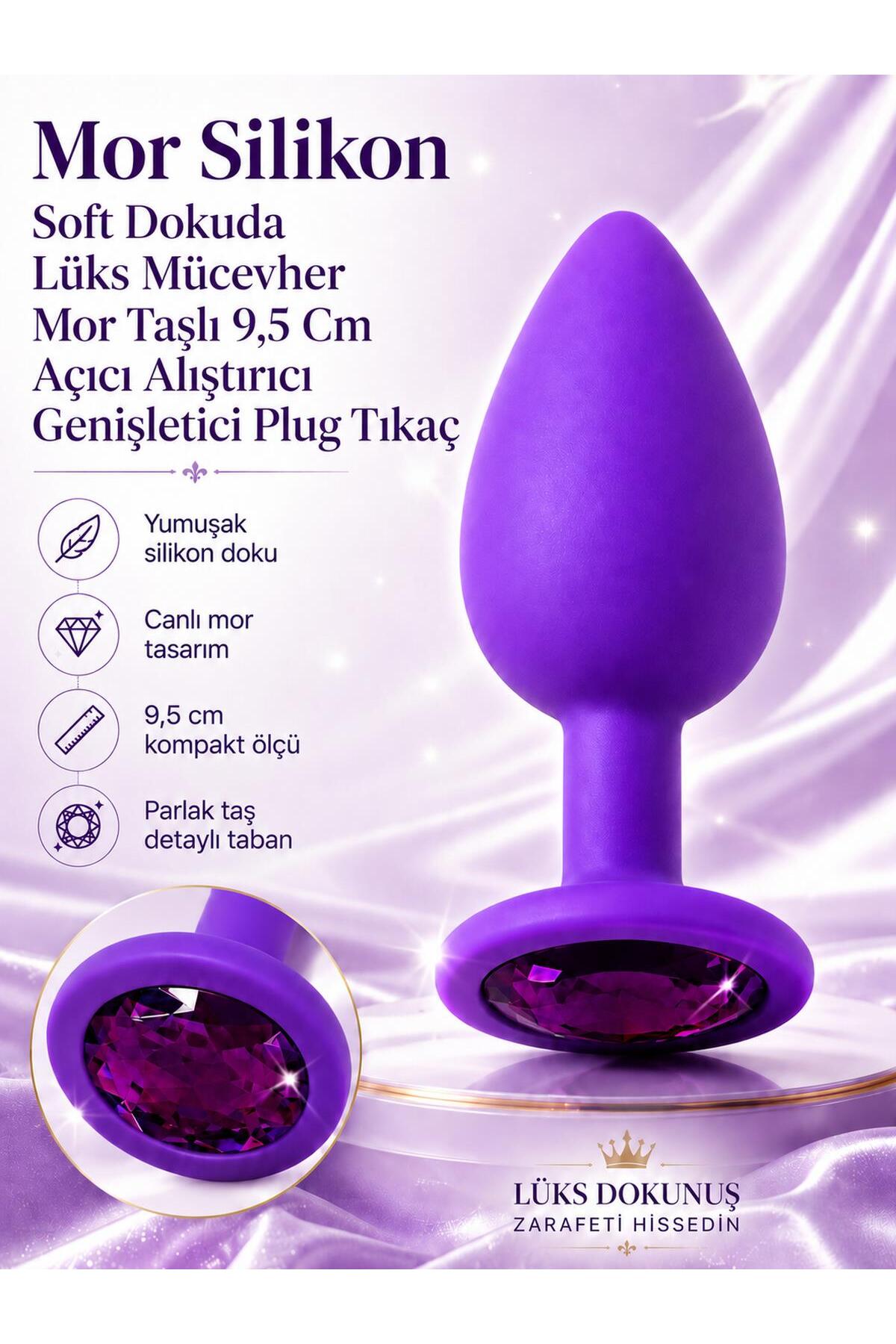Mor Silikon Soft Dokuda Lüks Mücevher Mor Taşlı 9,5 Cm Anal Açıcı Alıştırıcı Genişletici Plug Tıkaç