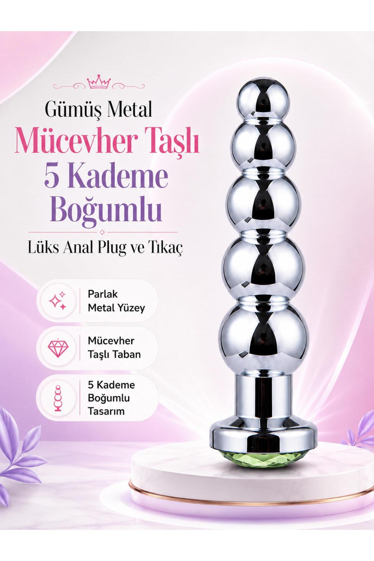 Gümüş Metal Taşlı 5 Kademe Boğumlu Anal Açıcı Genişletici Alıştırıcı Lüks Anal Plug ve Tıkaç