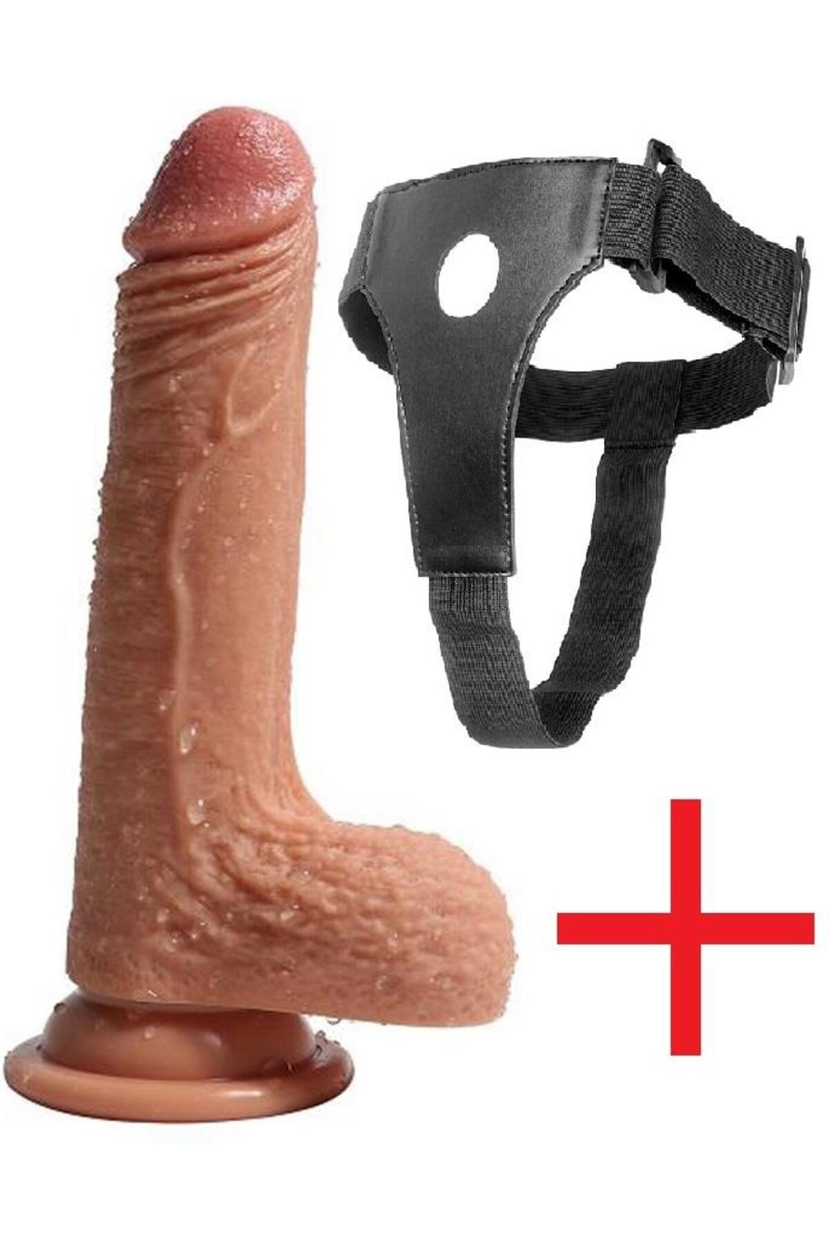 Çift Katmanlı 18.5 Cm Belden Bağlamalı Yumuşak Dokuda Takma Penis Vantuzlu Realistik Kemerli Dildo