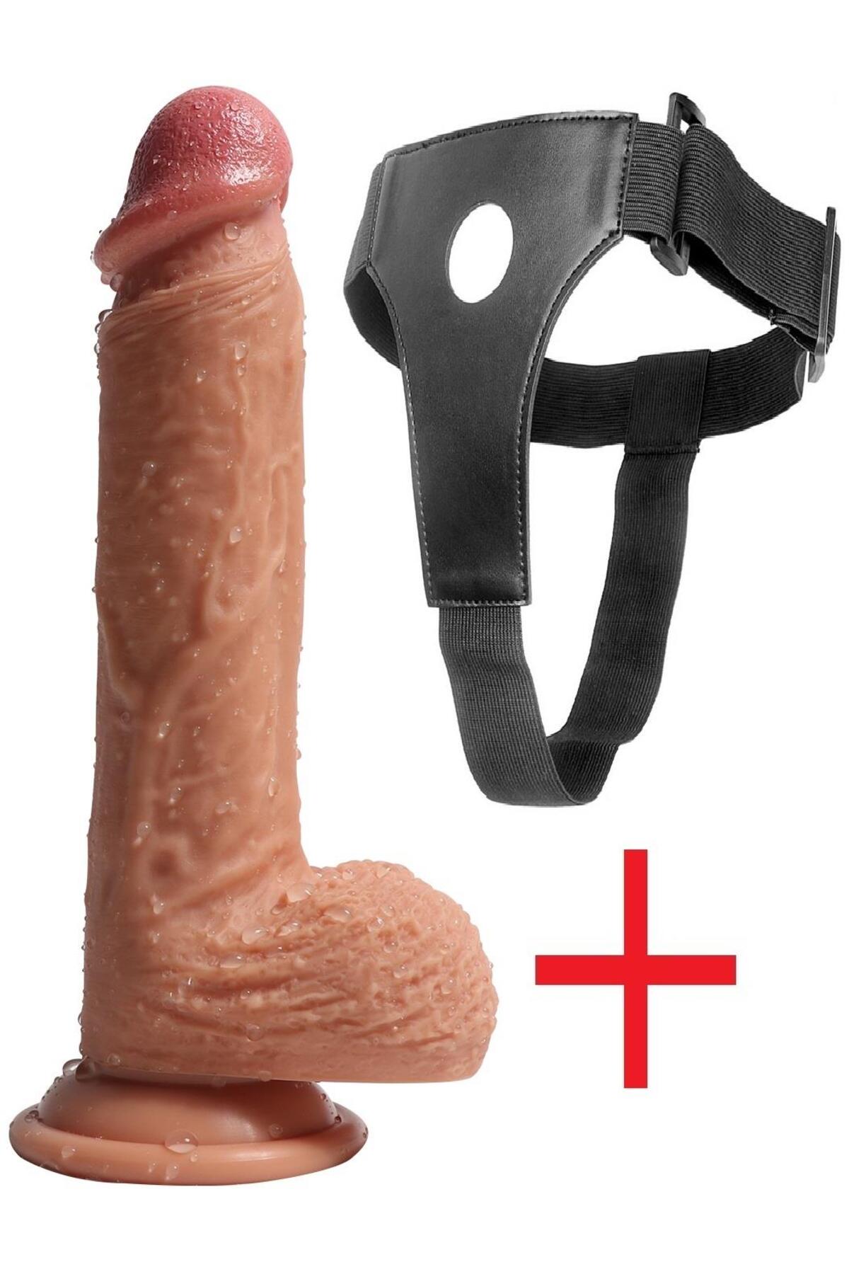 Yumuşak Dokuda Kemerli Çift Katmanlı 22.5 Cm Takma Penis Vantuzlu Realistik Belden Bağlamalı Dildo