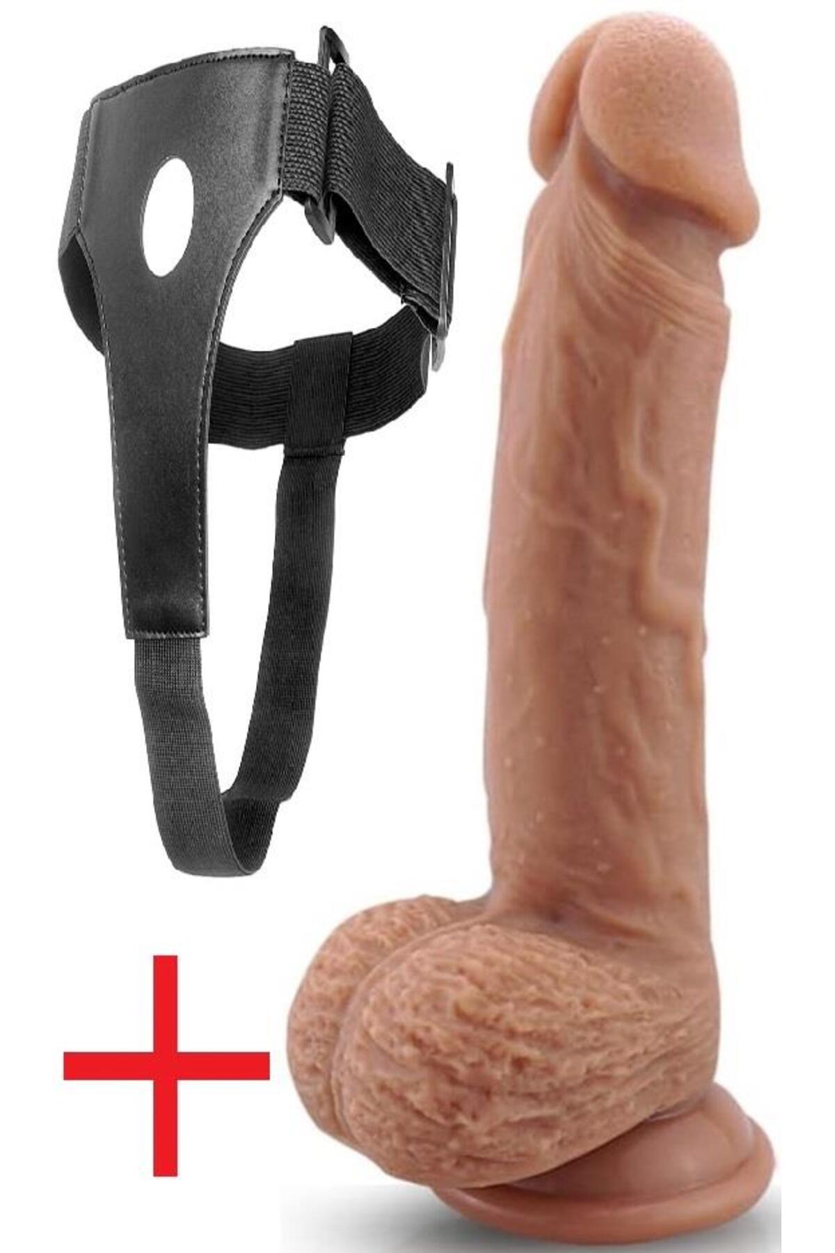 Kemerli Çift Katmanlı Gerçekçi Dokuda 22.5 Cm Belden Bağlamalı Penis Vantuzlu Realistik Takma Dildo