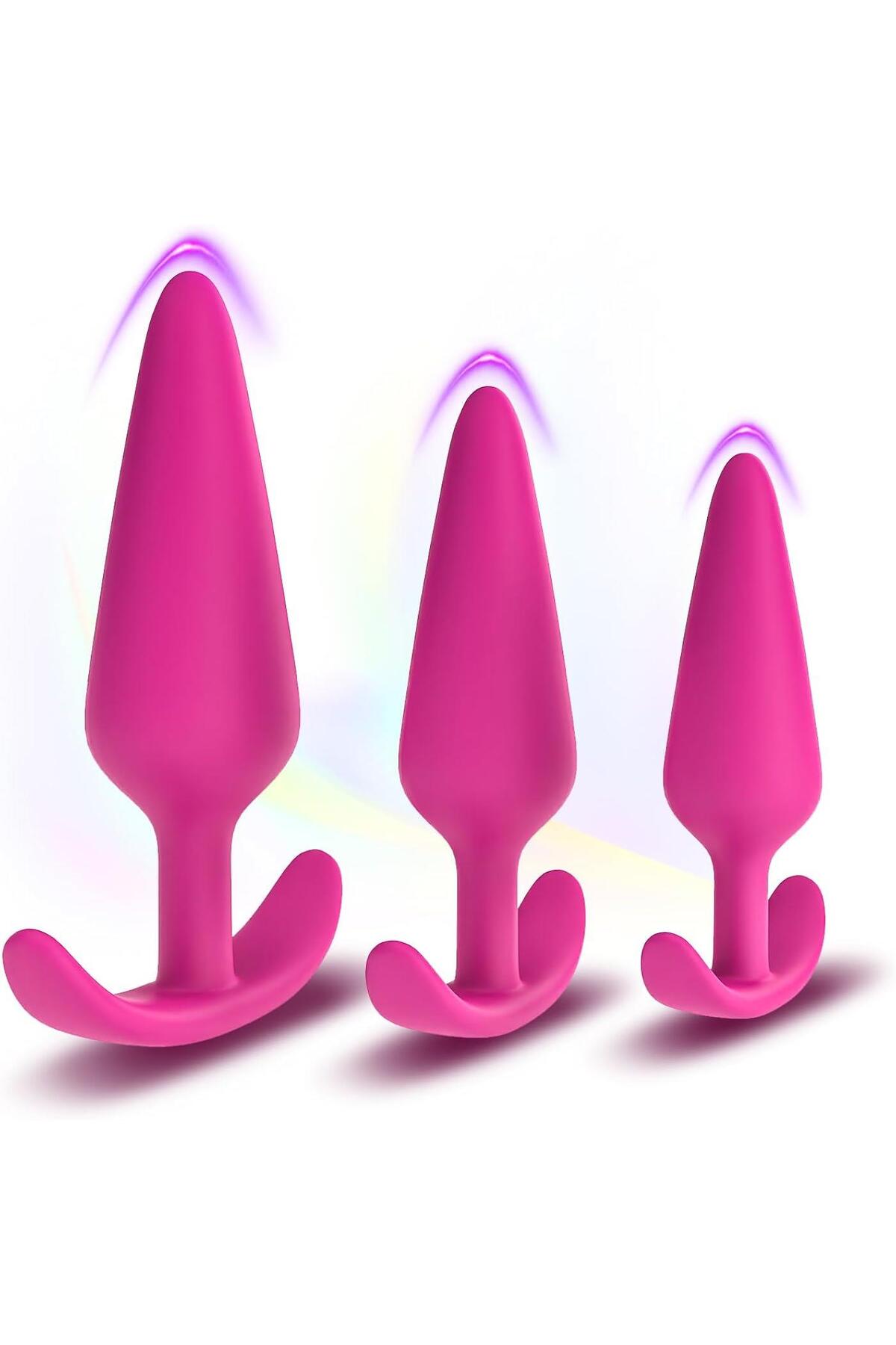 3 Farklı Boyutta Soft Fuşya Silikon Doku Anal Açıcı Alıştırıcı Genişletici Tıpa 3'lü Plug Tıkaç Seti
