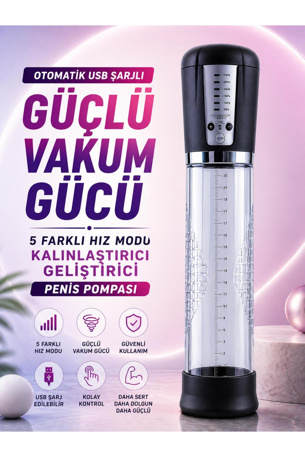 Otomatik Usb Şarjlı Güçlü Vakum Emiş Gücü 5 Farklı Hız Modu Kalınlaştırıcı Uzatıcı Penis Pompası