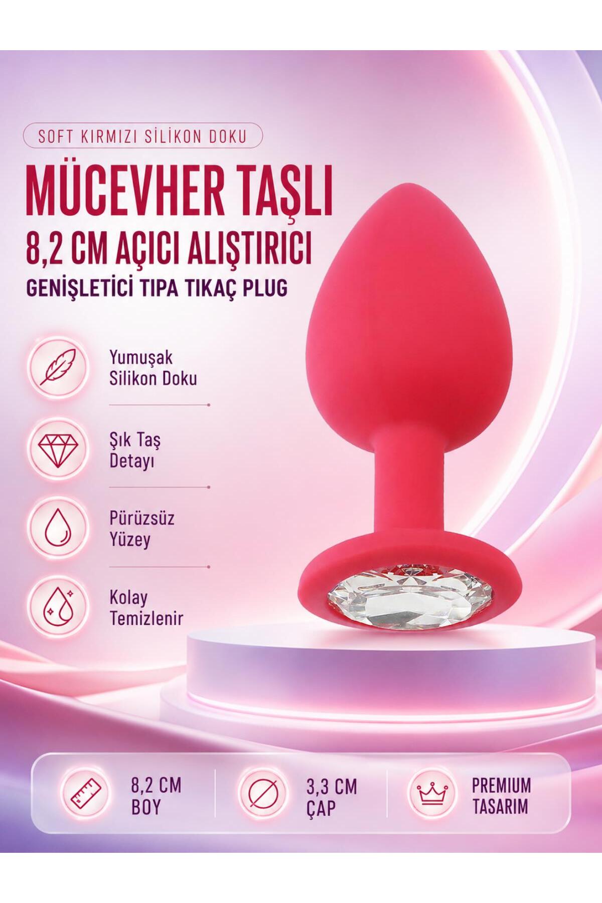 Mücevher Taşlı 8,2 Cm Soft Kırmızı Silikon Dokuda Anal Açıcı Alıştırıcı Tıpa Genişletici Tıkaç Plug