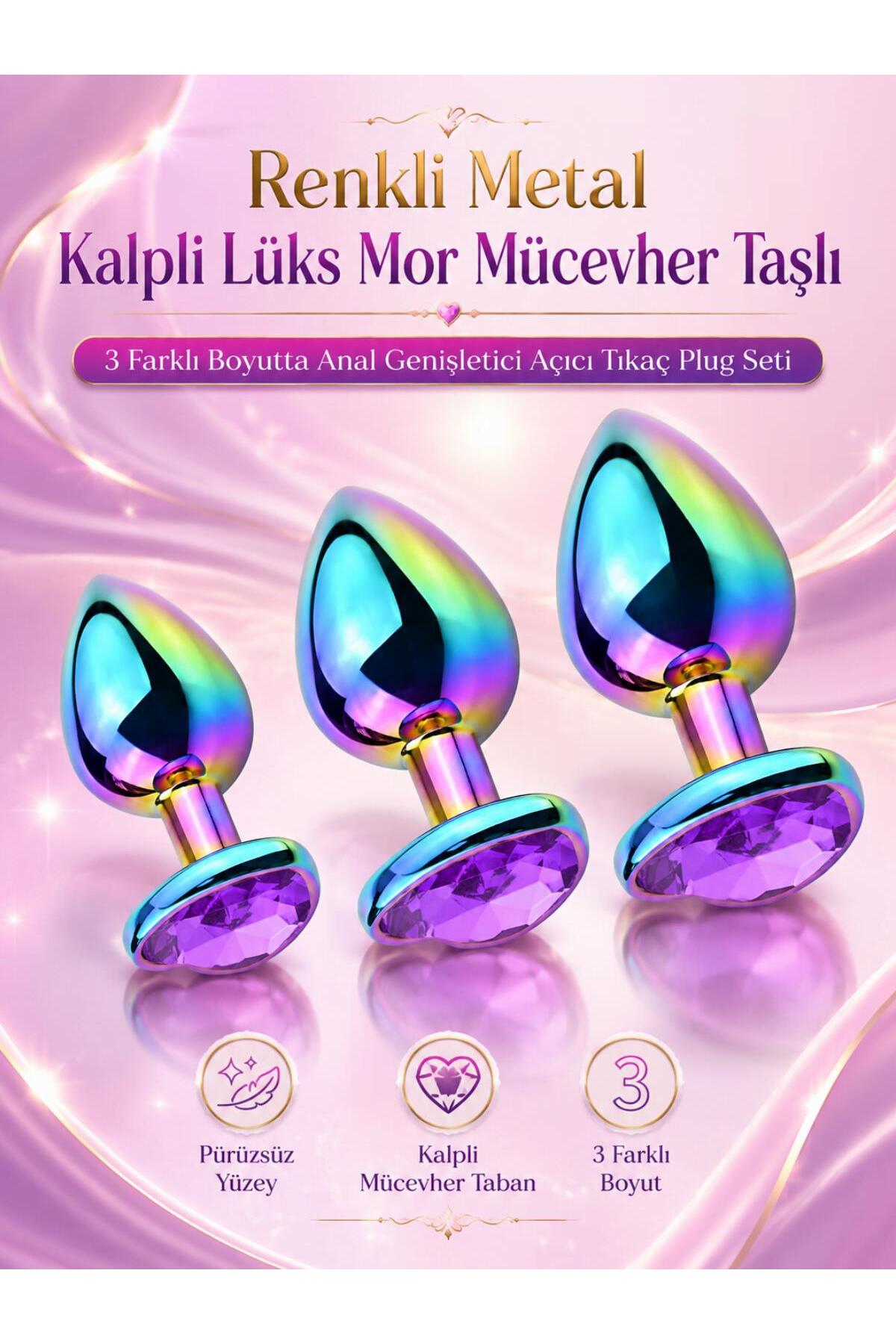 Renkli Metal Kalpli Lüks Mor Mücevher Taşlı 3 Farklı Boyutta Anal Genişletici Açıcı Tıkaç Plug Seti