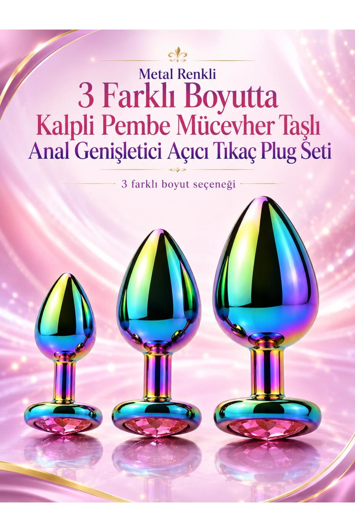 Metal Renkli 3 Farklı Boyutta Kalpli Pembe Mücevher Taşlı Anal Genişletici Açıcı Tıkaç Plug Seti