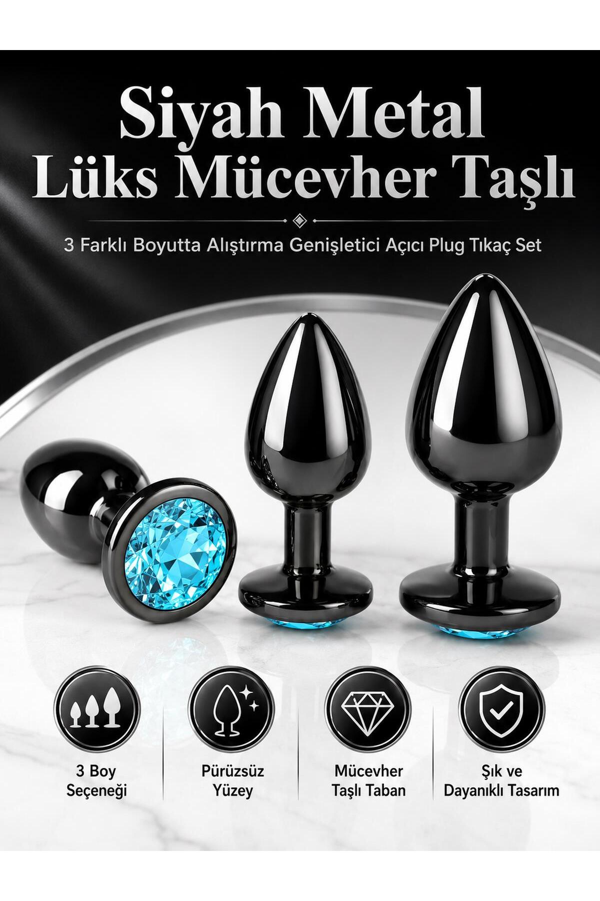 Siyah Metal Lüks Mücevher Taşlı Anal Alıştırma 3 Farklı Boyutlarda Genişletici Açıcı Plug Tıkaç Set
