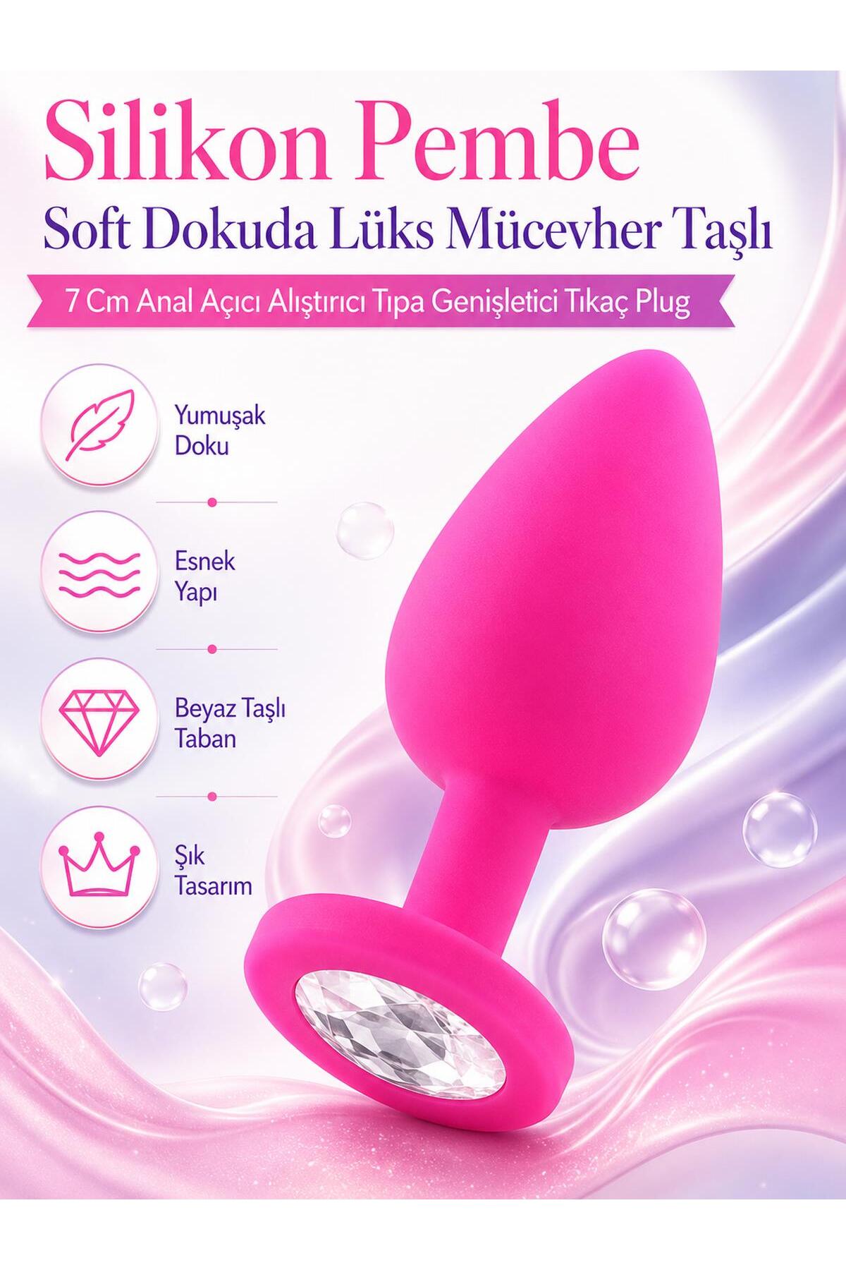 Silikon Pembe Soft Dokuda Lüks Mücevher Taşlı 7 Cm Anal Açıcı Alıştırıcı Tıpa Genişletici Tıkaç Plug