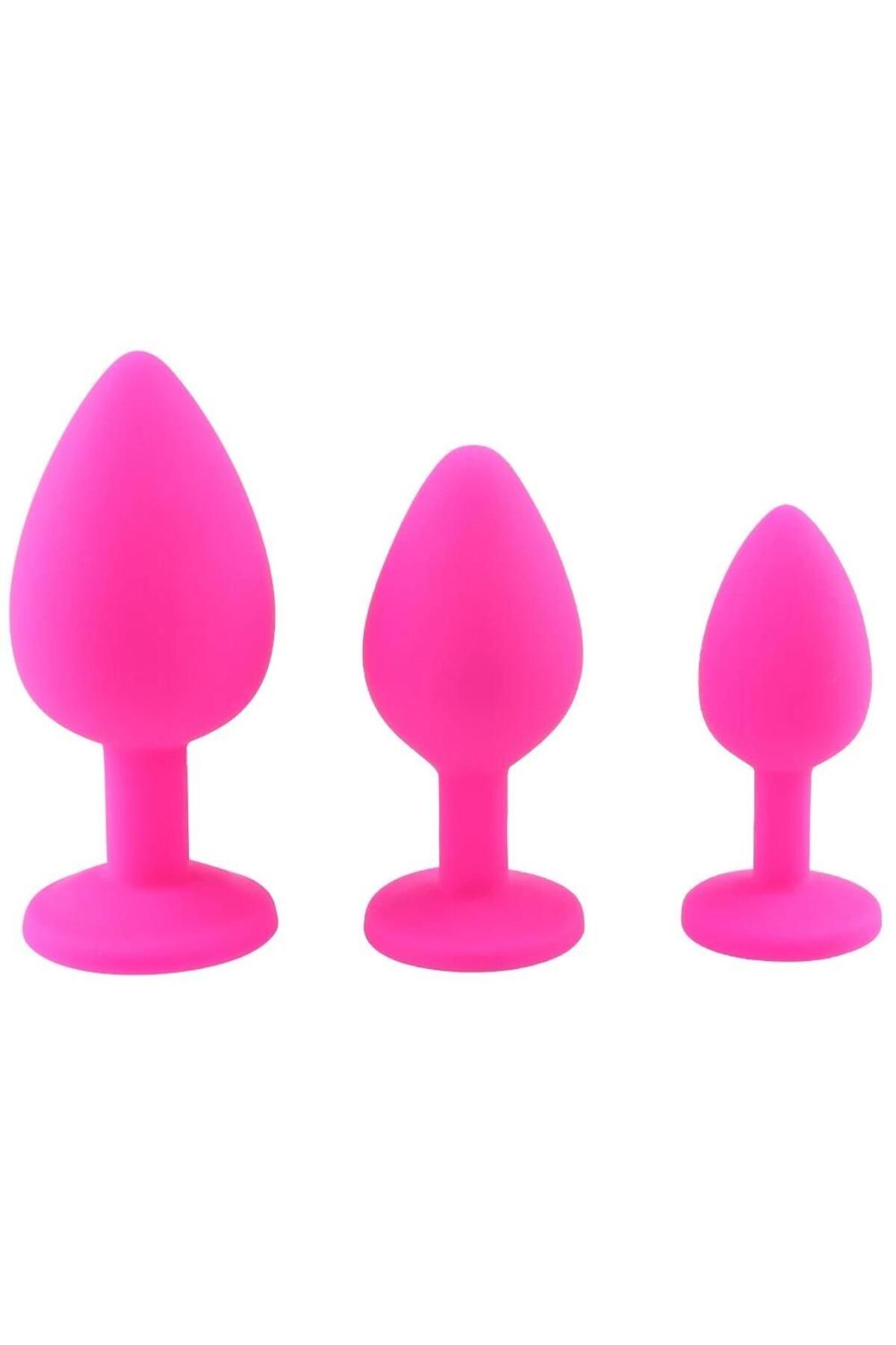 Pembe Taşlı Soft Silikon 3 Boy Anüs Tıkaç Seti
