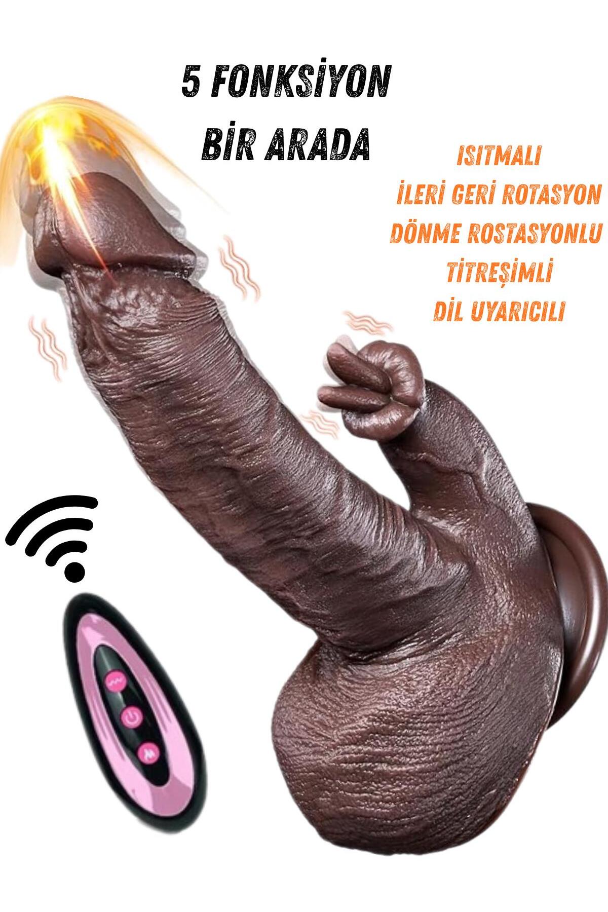 İleri Geri Rotasyonlu Dil Yalama Titreşimli Isıtmalı Kumandalı 23 Cm Vibratör Realistik Penis Dildo