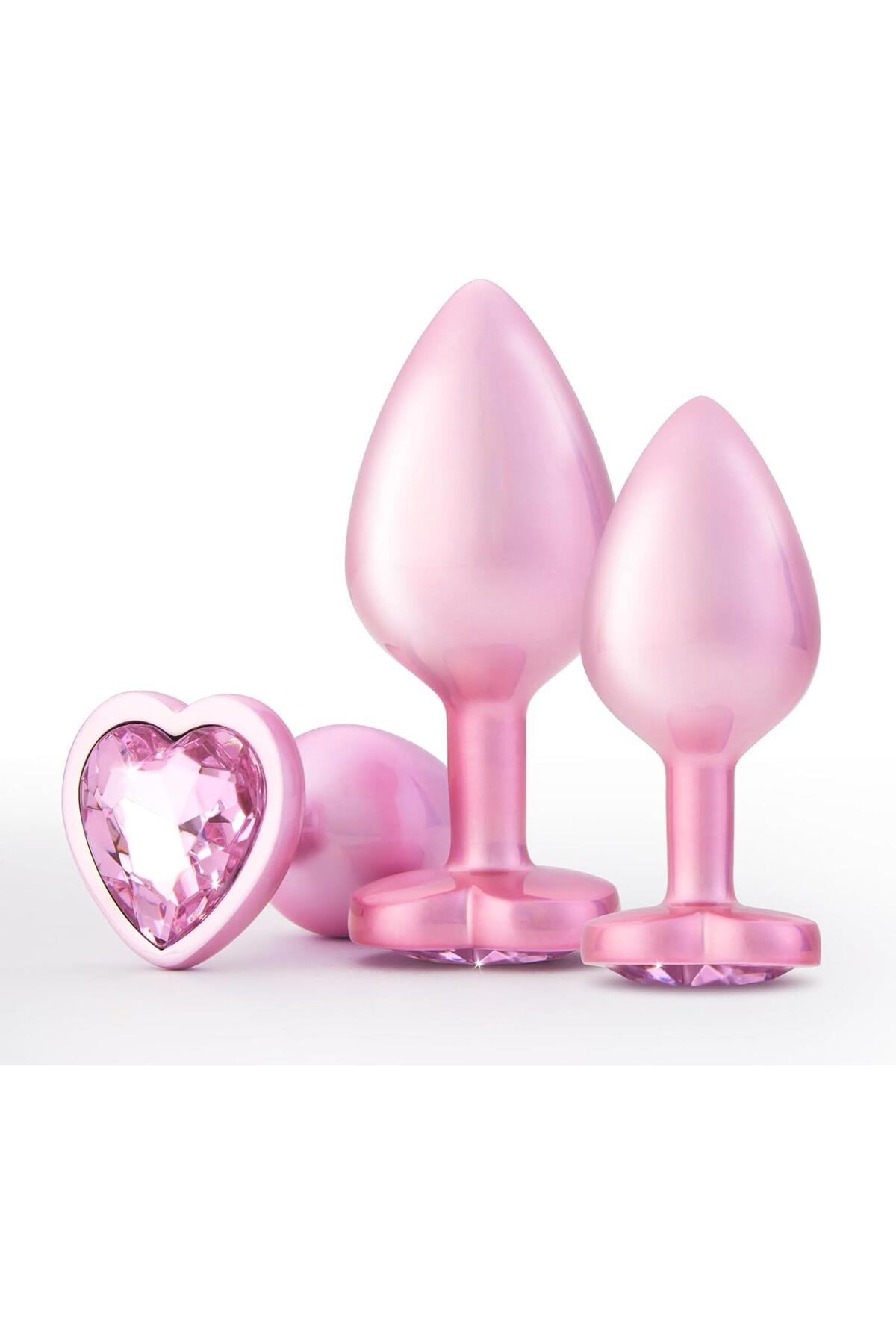 Kalpli Pembe Metal Mücevher Pembe Taşlı 3 Farklı Boyutta Anal Genişletici Alıştırıcı Tıkaç Plug Seti