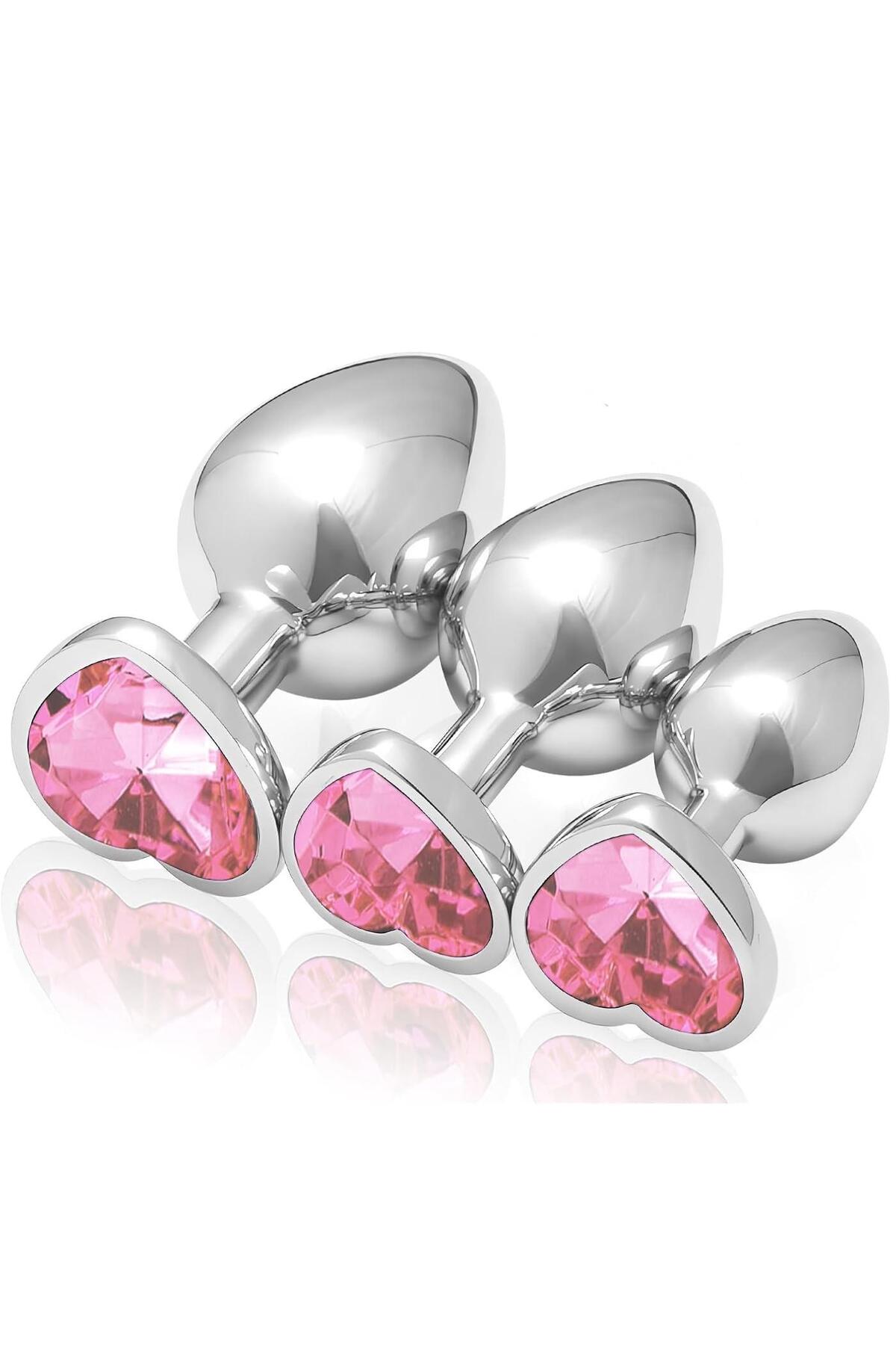 Gümüş Metal Kalpli Pembe Mücevher Taşlı 3 Farklı Boyutta Anal Genişletici Alıştırıcı Plug Tıkaç Set