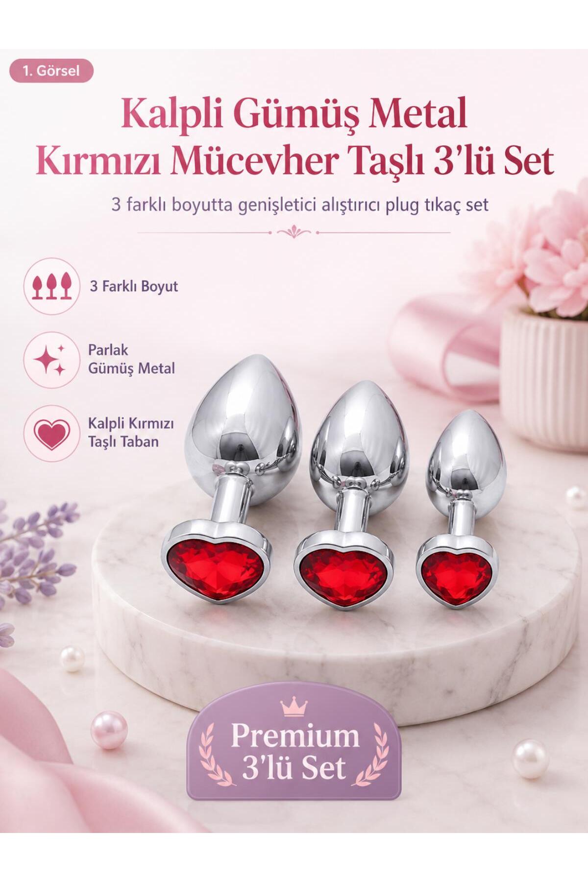 Kalpli Gümüş Metal Kırmızı Mücevher Taşlı 3 Farklı Boyut Anal Genişletici Alıştırıcı Plug Tıkaç Set