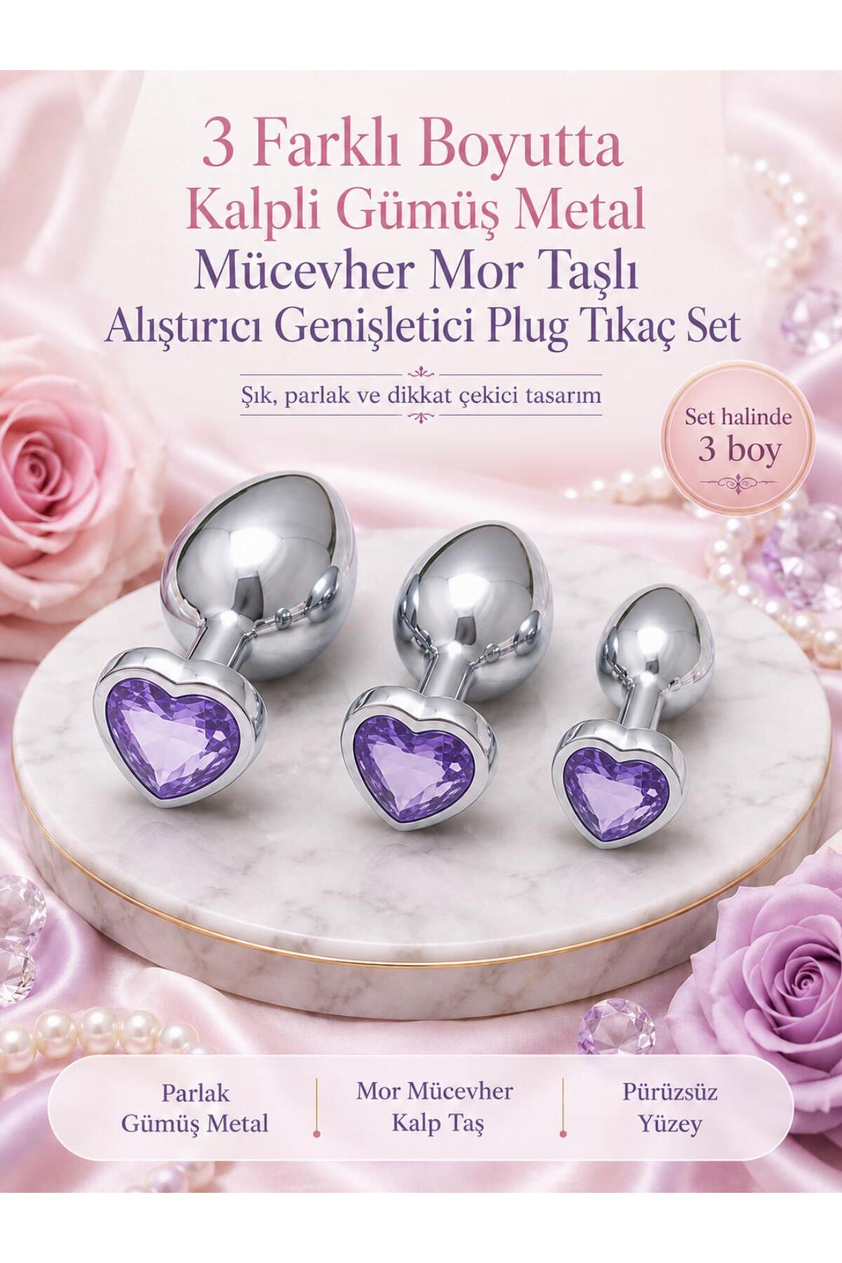 3 Farklı Boyutta Gümüş Metal Kalpli Mor Mücevher Taşlı Anal Alıştırıcı Genişletici Plug Tıkaç Set