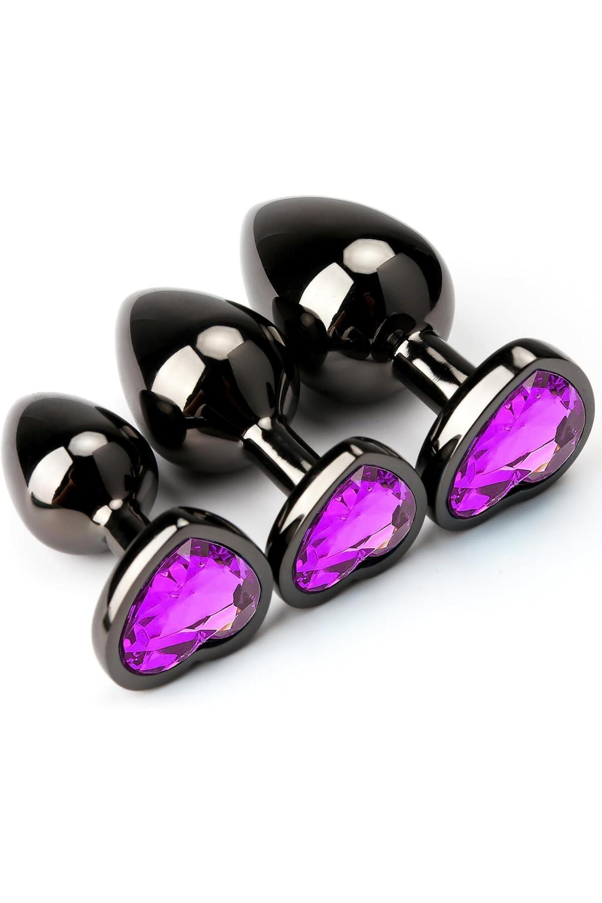 Kalpli Siyah Metal Mücevher Mor Taşlı Anal Alıştırma 3 Farklı Boyutlarda Genişletici Plug Tıkaç Set