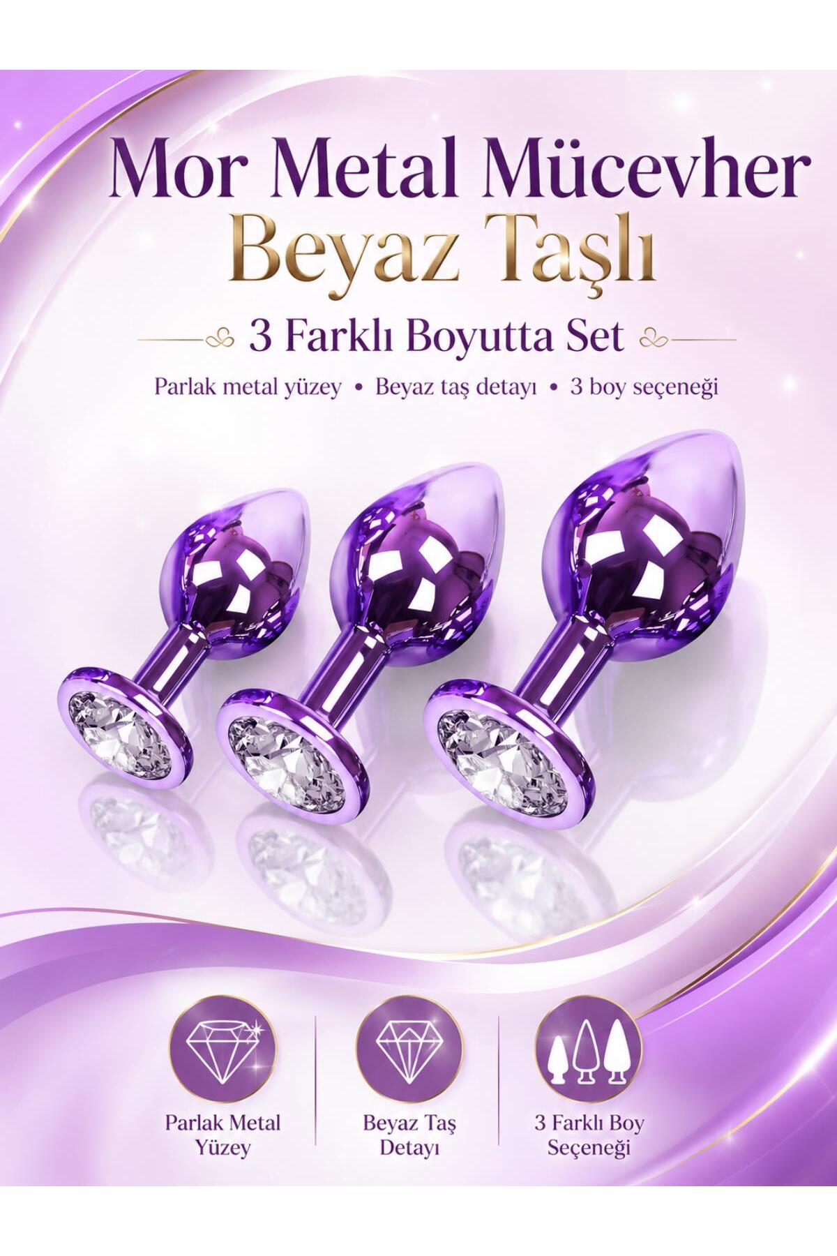 Mor Metal Mücevher Beyaz Taşlı Anal Alıştırma 3 Farklı Boyutlarda Genişletici Açıcı Plug Tıkaç Set