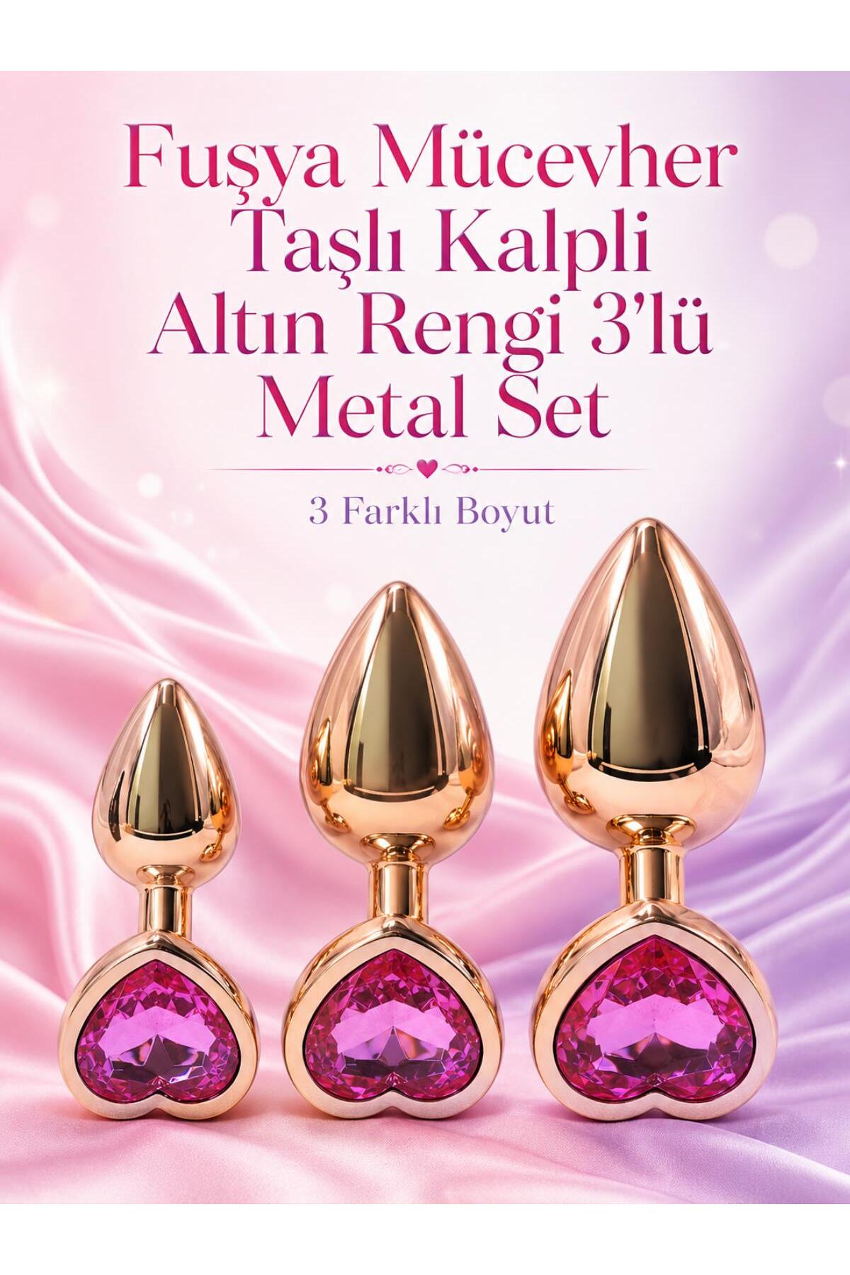 Fuşya Kalp Taşlı Altın Rengi Metal 3 Boy Kademeli Plug Tıkaç Seti