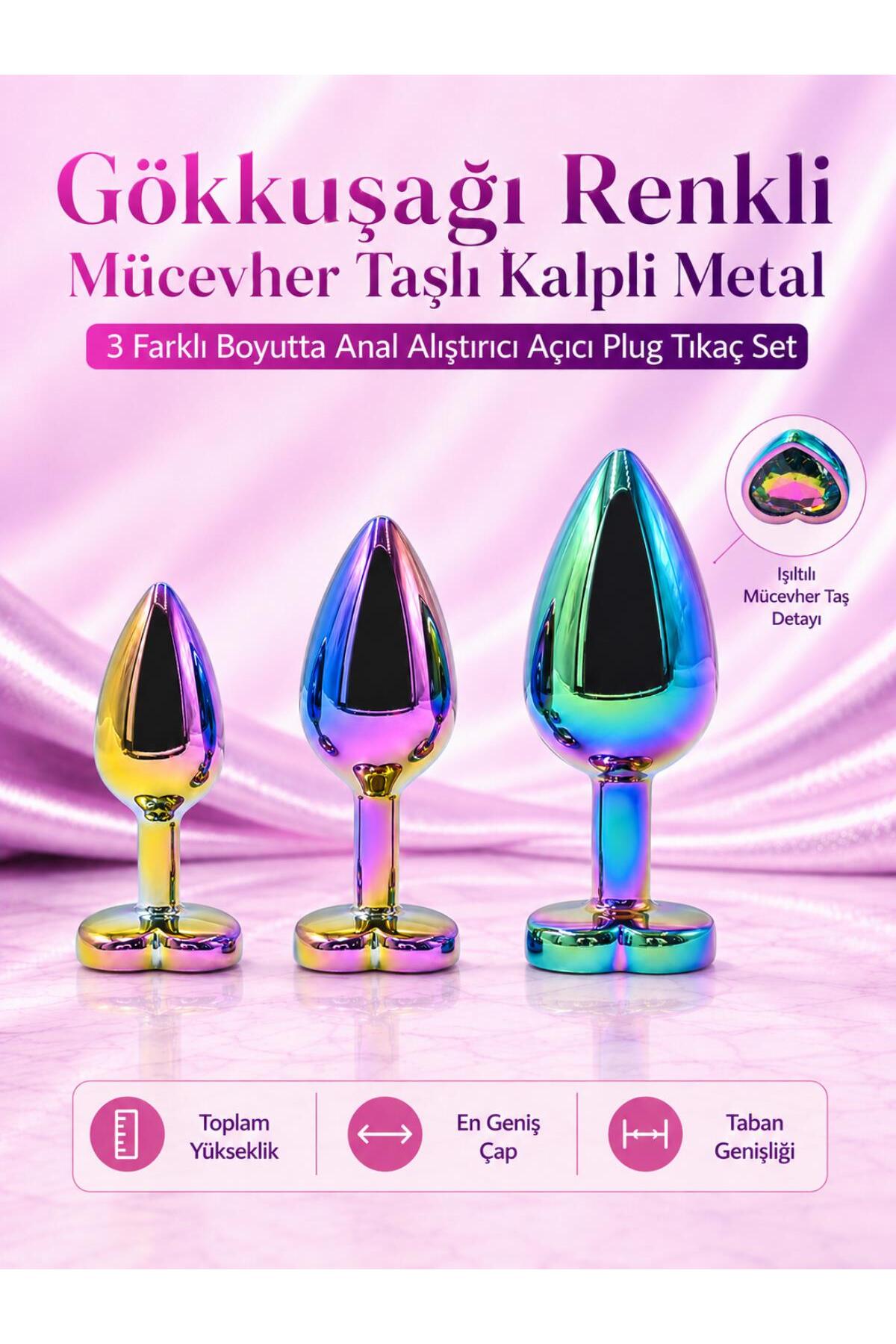 Gökkuşağı Renkli Mücevher Taşlı Kalpli Metal 3 Farklı Boyutta Anal Alıştırıcı Açıcı Plug Tıkaç Set