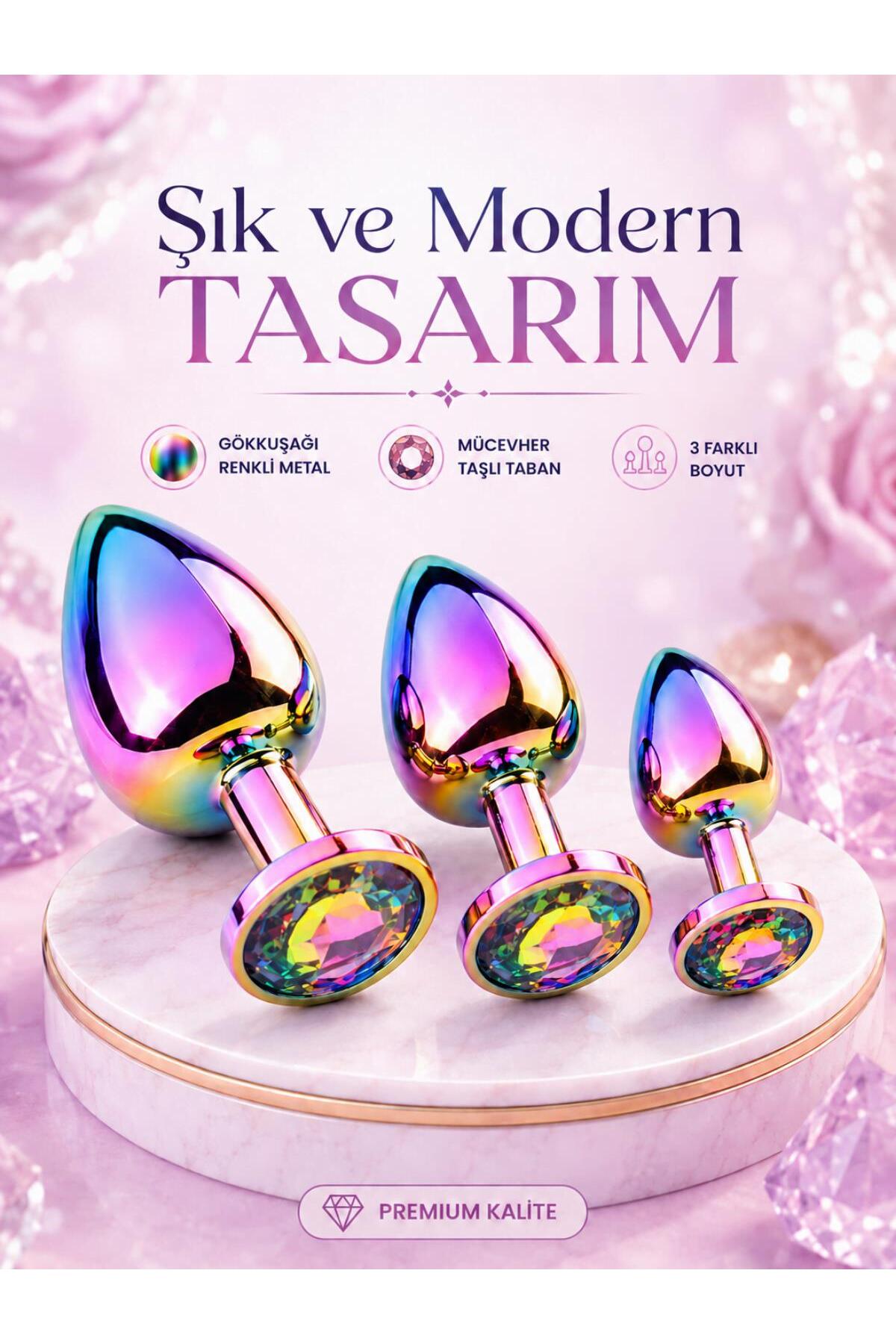 3 Farklı Boyutta Gökkuşağı Renkli Mücevher Taşlı Metal Anal Alıştırıcı Genişletici Plug Tıkaç Set