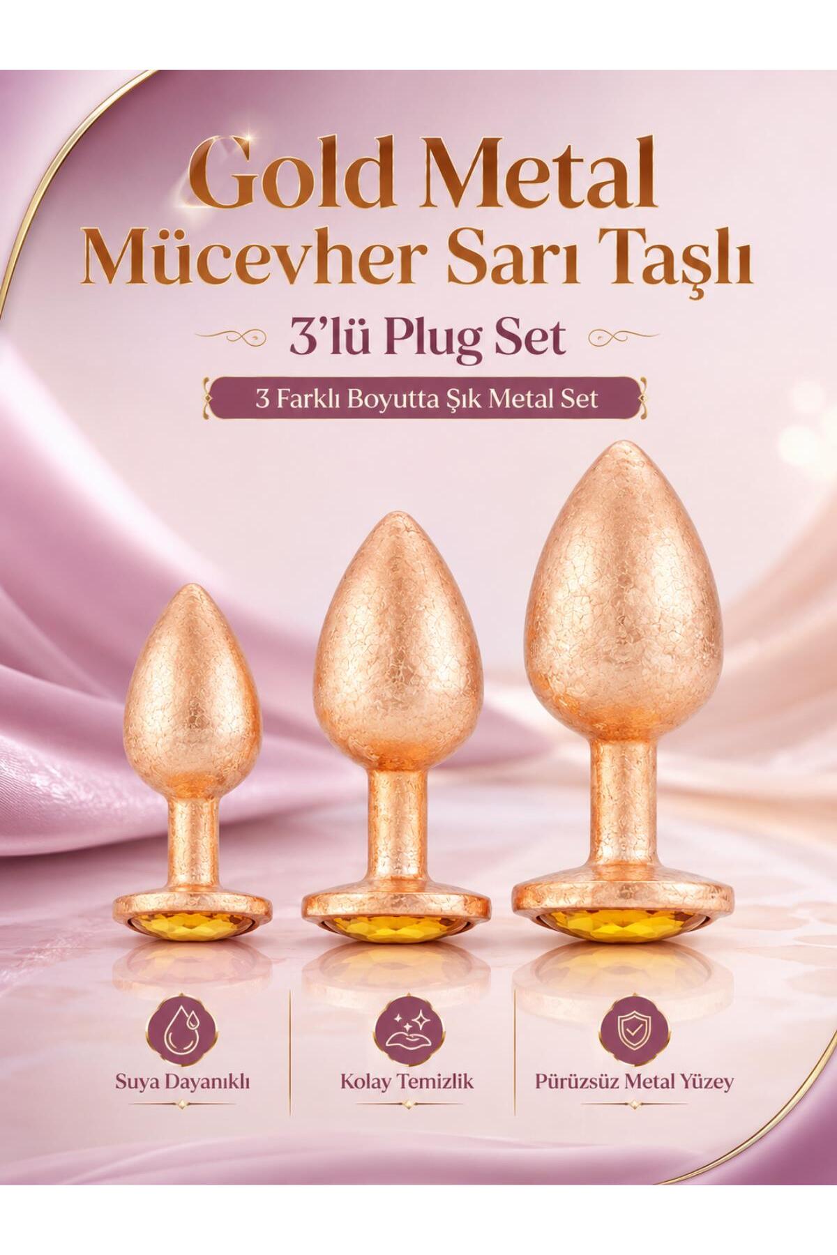 Gold Metal Mücevher Sarı Taşlı Anal Alıştırma 3 Farklı Boyutlarda Açıcı Genişletici Plug Tıkaç Set