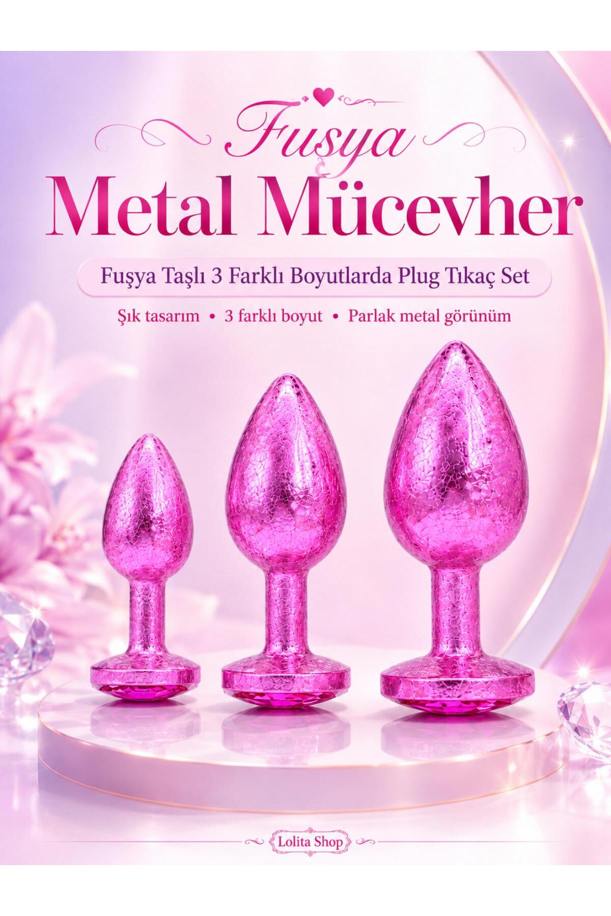Fuşya Metal Mücevher Fuşya Taşlı 3 Farklı Boyutlarda Anal Alıştırma Açıcı Genişletici Plug Tıkaç Set