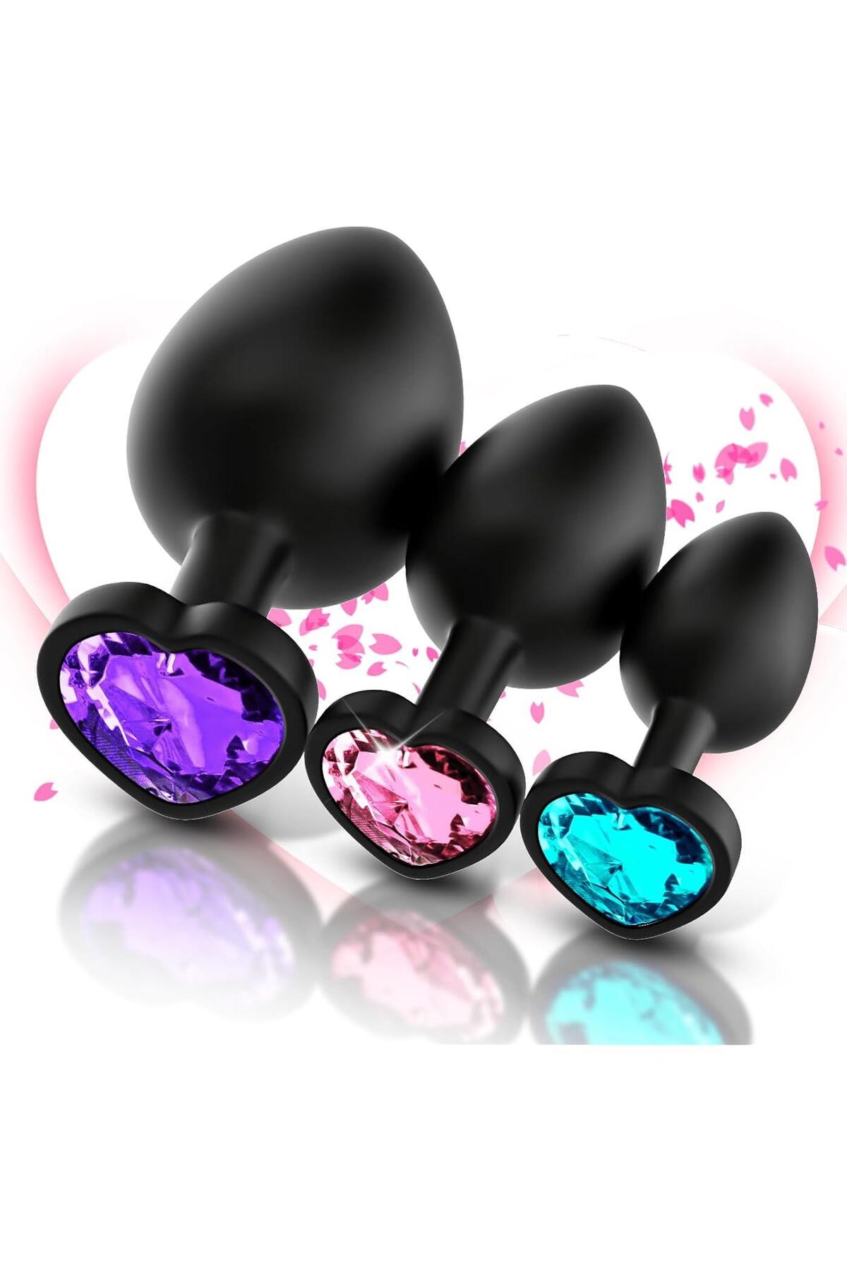 Soft Silikon Dokuda Kalpli Renkli Taşlı 3 Farklı Boyutta Anal Alıştırıcı Genişletici Plug Tıkaç Set