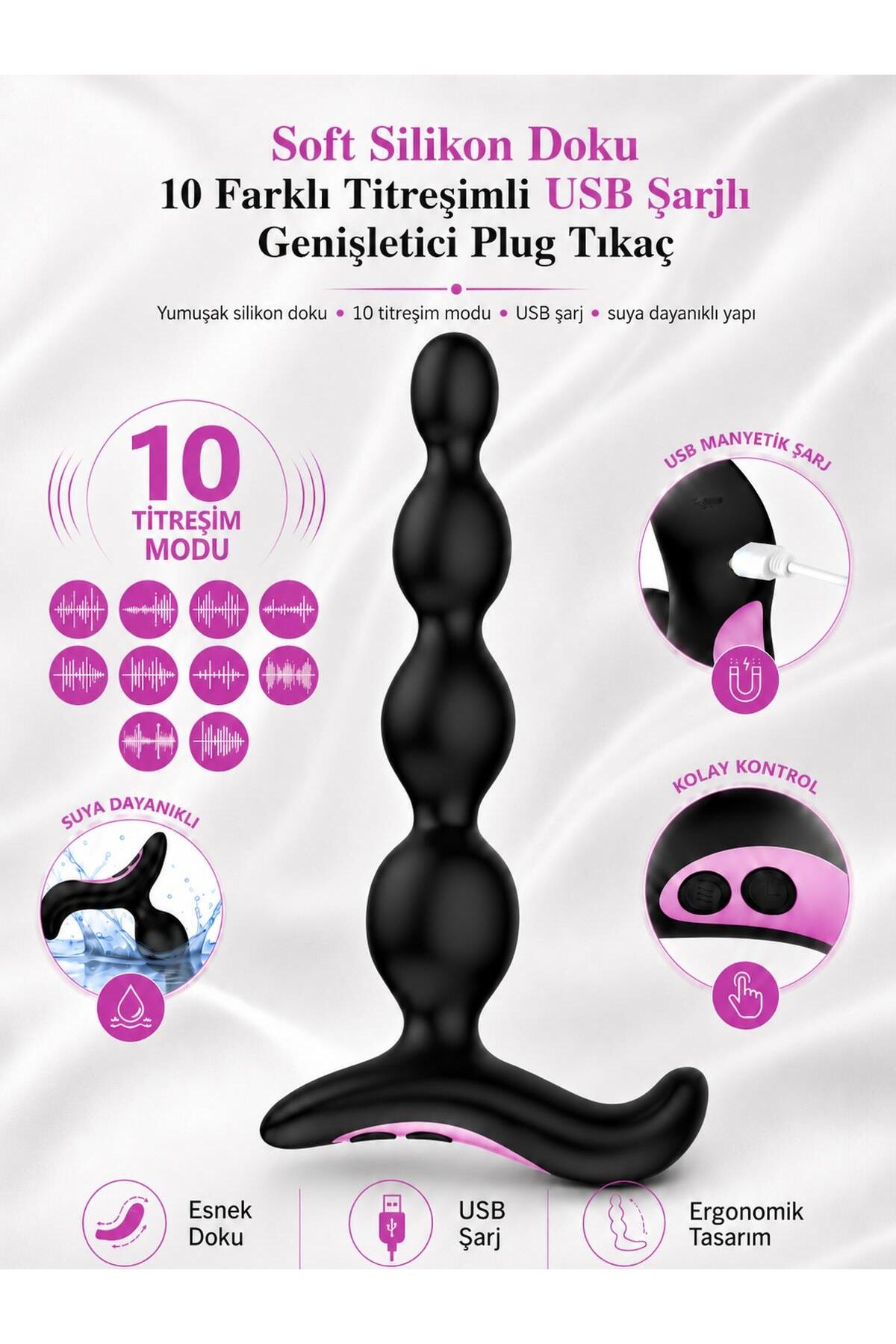 Soft Silikon Doku 10 Farklı Titreşimli Usb Şarjlı G noktası Alıştırıcı Genişletici Anal Plug Tıkaç