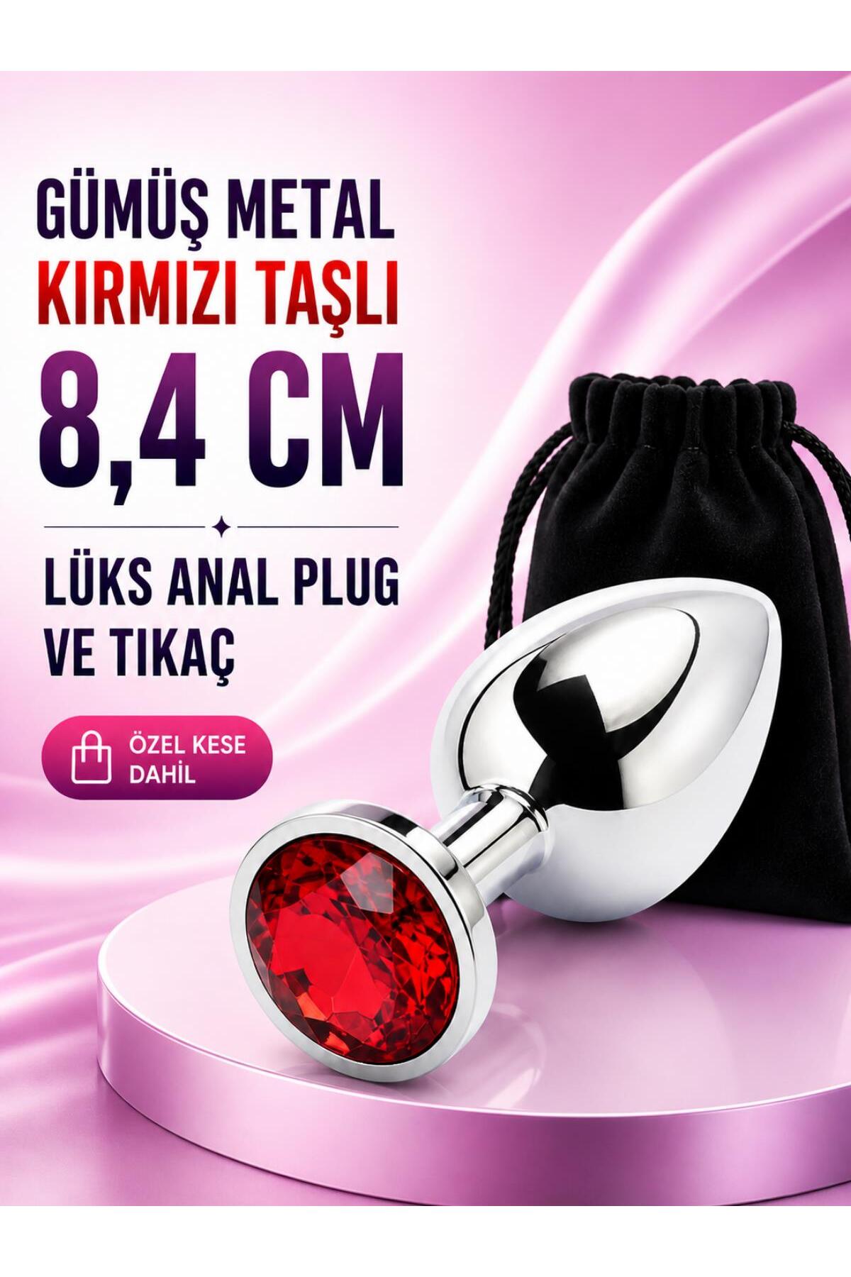 Gümüş Metal Mücevher Kırmızı Taşlı 8,4 Cm Anal Açıcı Genişletici Alıştırıcı Lüks Anal Plug Ve Tıkaç