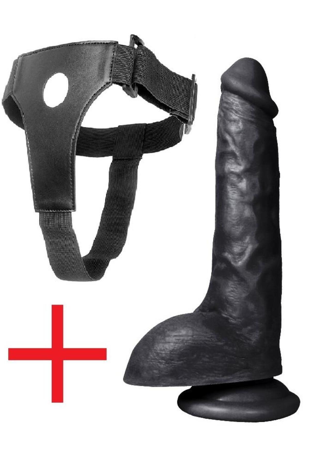 Gerçekçi Et Dokuda Kemerli Siyah Penis 25.5 Cm Vantuzlu Takma Realistik Belden Bağlamalı Dildo