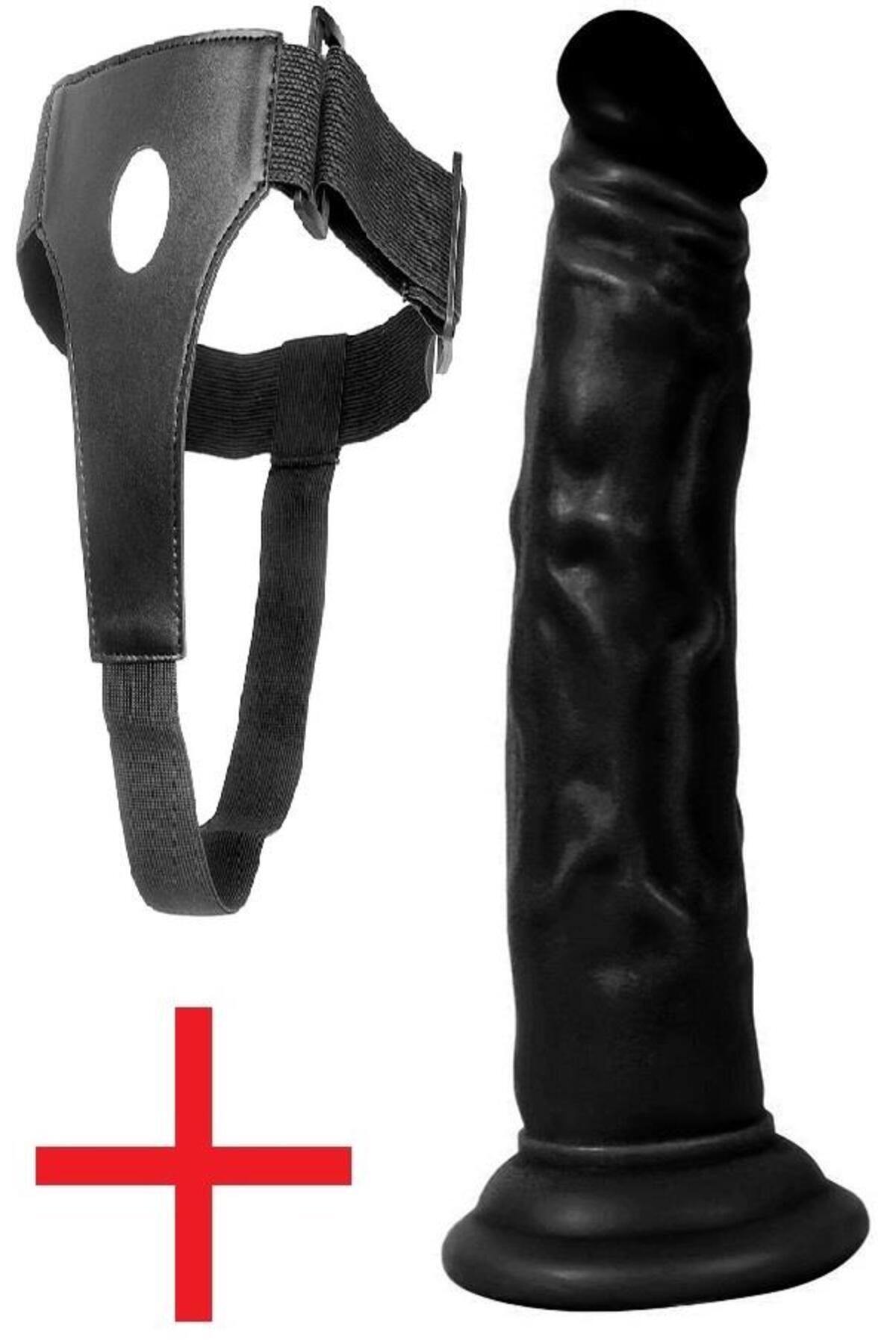 Yumurtalıksız 18.5 Cm Anal Vajina Kemerli Takma Penis Et Dokusu Belden Bağlamalı Siyah Dildo