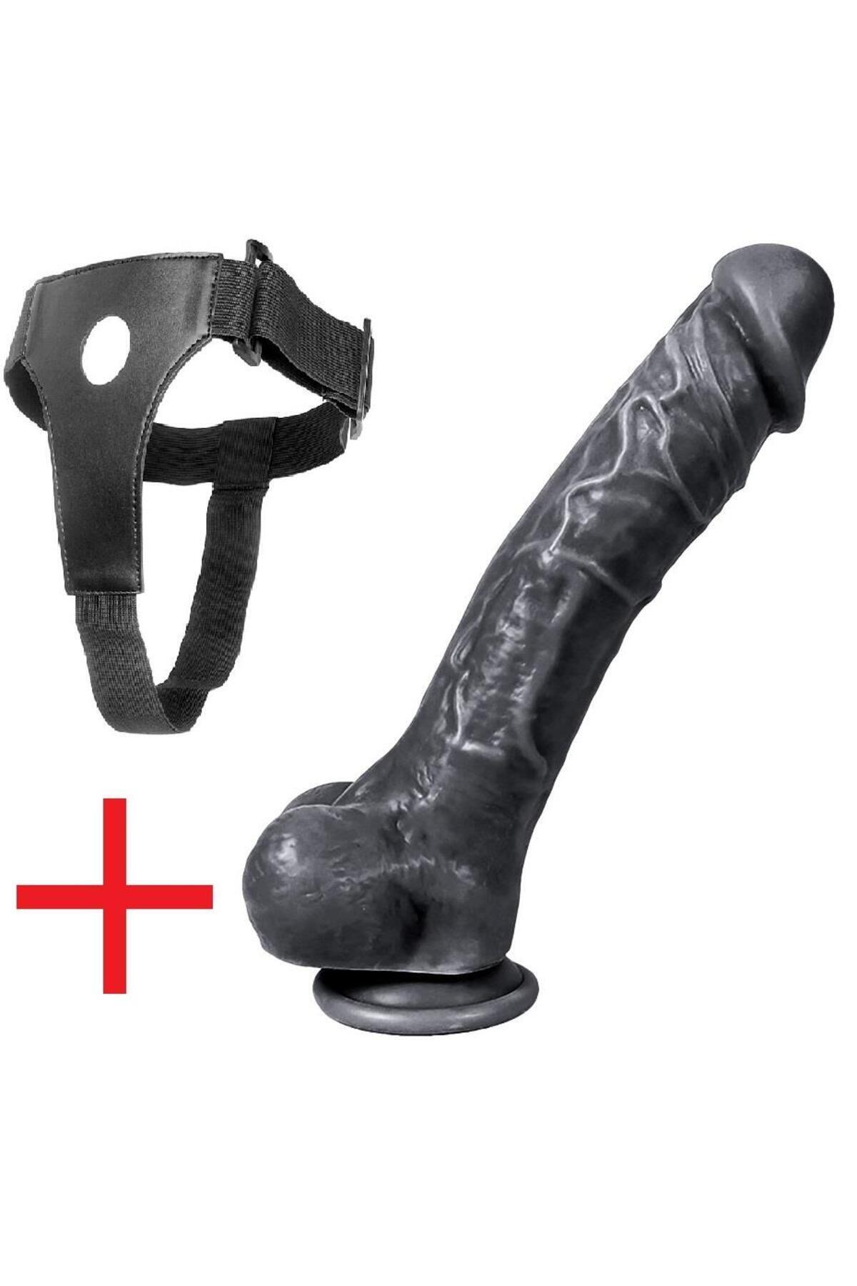 Belden Bağlamalı 24.5 Cm Gerçekçi Soft Doku Takma Penis Vantuzlu Realistik Kemerli Siyah Dildo