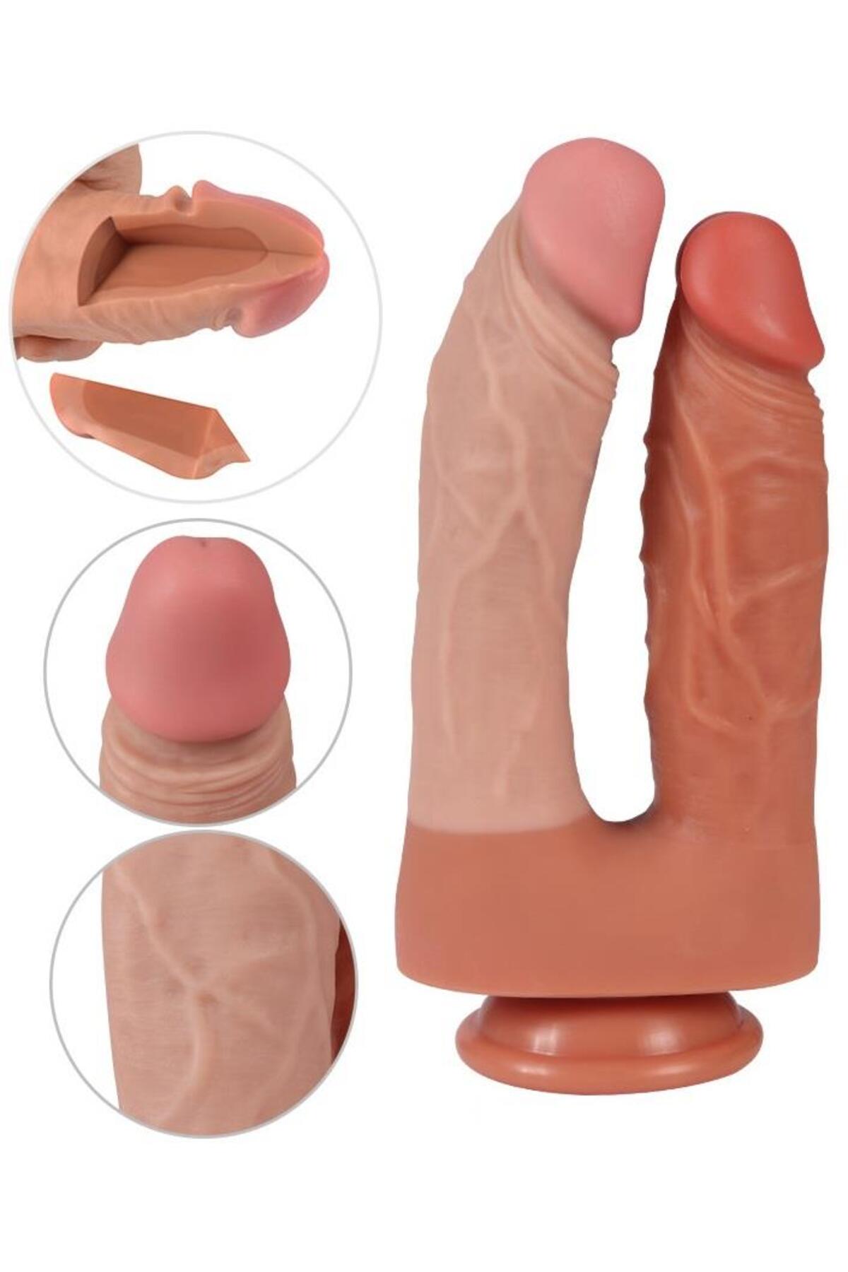 Çift Başlıklı Gerçekçi Penis Esnek Yumuşak Ten Dokusu Çift Katmanlı Vantuzlu Çatal Realistik Dildo