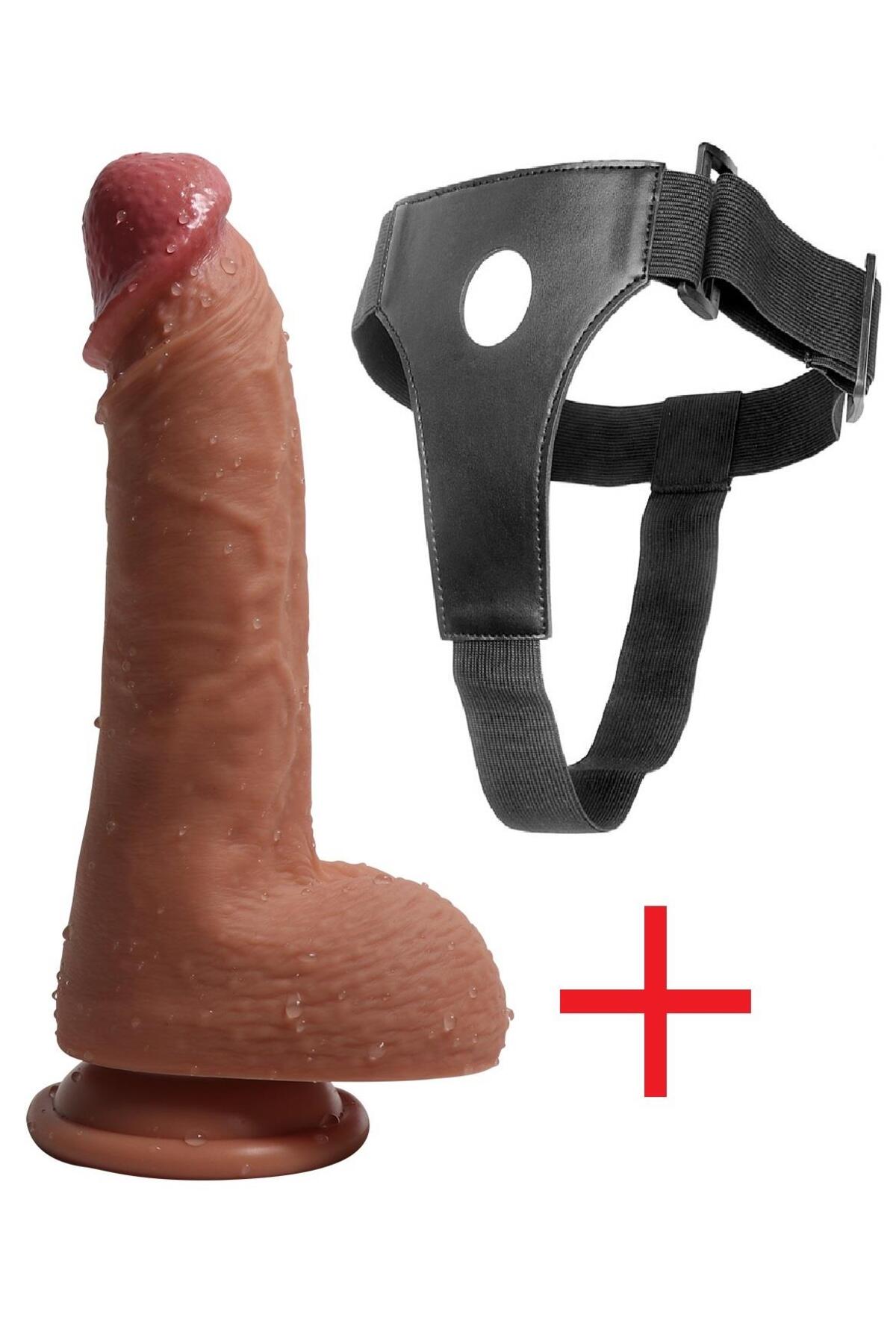 Çift Katmanlı Gerçekçi Ultra Yumuşak Dokuda Deri Kemerli 22 Cm Takma Penis Belden Bağlamalı Dildo